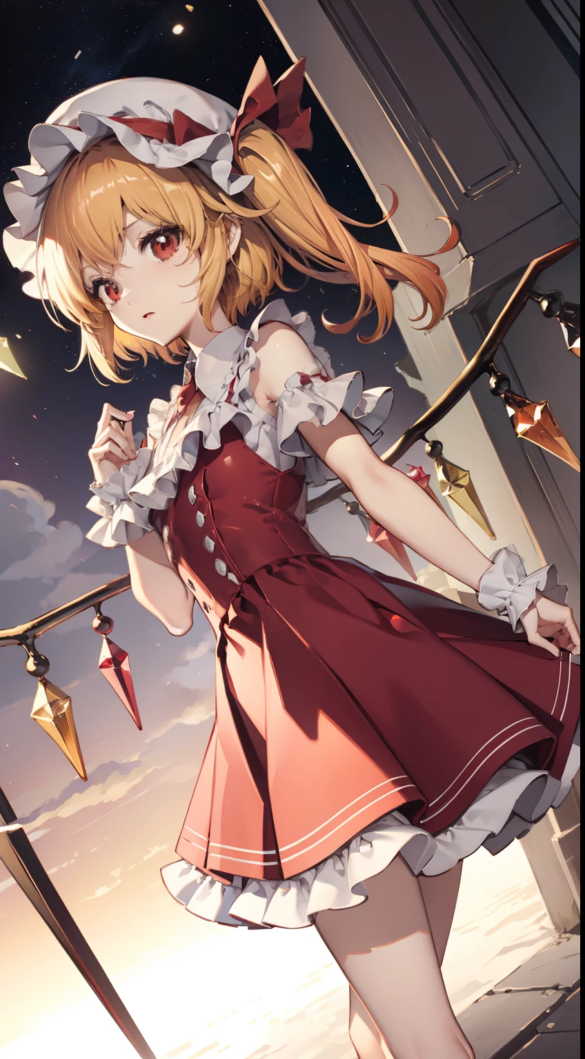 Flandre Scarlet Sky hat stands looking into the camera night