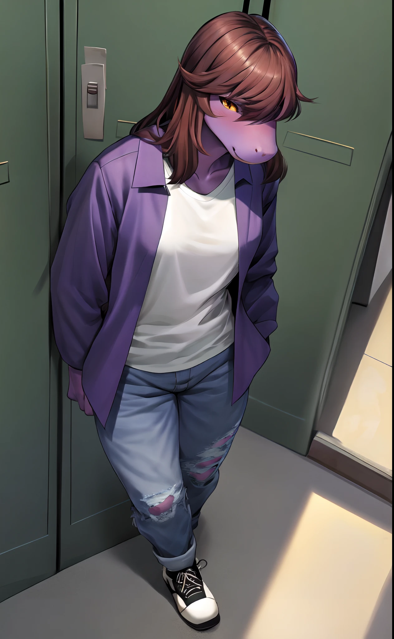 Susie, purple jacket, white shirt, ripped jeans, black shoes, long brown hair, yellow eyes, crossing arms, leaning against a locker, in a school hallway, by gudlmok99, by sleepiness18, jitome:1.2, looking at viewer