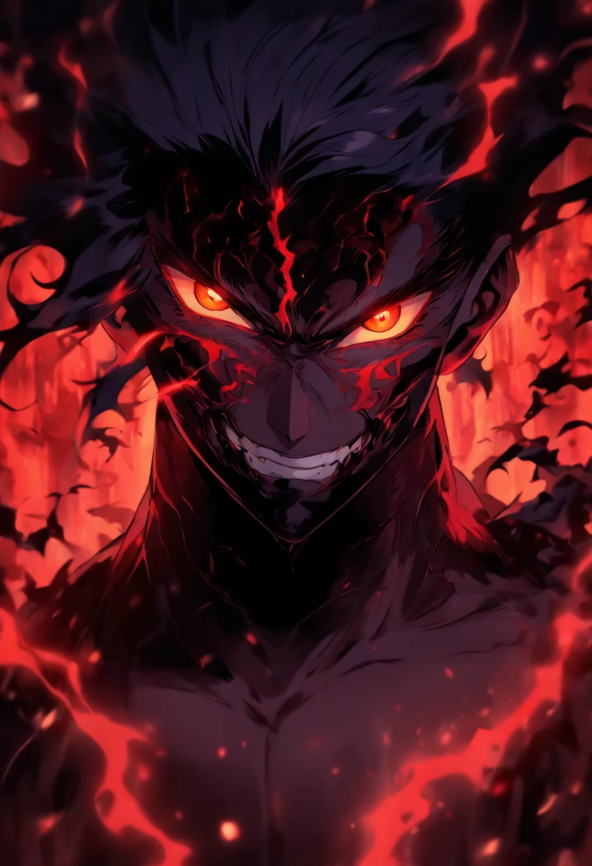 anime man with a dark and brooding demeanor, with glowing red eyes and a malicious grin, into a powerful computer with visible electric currents flowing through his body, while ominous shadows surround him, (sinister:1.2), (dark and moody lighting), (ominous atmosphere), (contrast between light and darkness), horror