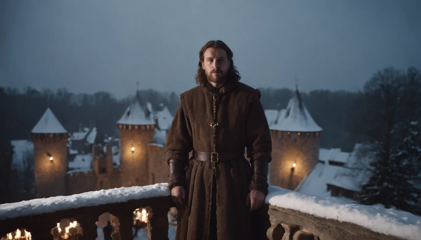 medieval man standing on a castle balcony in the snow at night, no head
