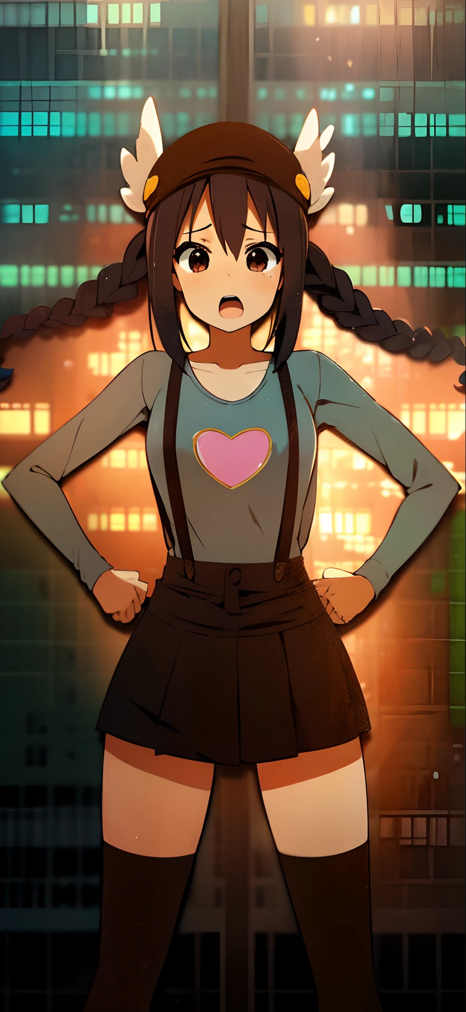 1girl, (((masterpiece))), top-quality, top-quality, High Details, nakano azusa, 1girl, Twin-tailed, length hair, A dark-haired, brown-eyed, Gray T-shirt.suspenders.a black skirt.illustratio, comic strip, soothing tones, Subdued Color, Soft cinematic light, adobe lightroom, photolab, HDR, intricately and hyper-detailed、(((depth of fields))))。(((masterpiece)))。(((top-quality))).(((ultra-detailliert)))。(((illustratio)))。(((takeout))).dynamic focus.big breasts.(((Skyscrapers))).(((A city scape))).(((Face of sadness))). open mouth.(((up chest))).((evening glow)).((the setting sun)).(((bigHeart on chest))).Feathered hat.put hands on the hip.Clench your fists.
