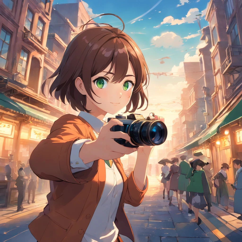 masterpiece:1.2, best quality, 1lady, solo:1.2, brown hair, short hair, green eyes, Piper Wright + Aya Shameimaru, Pointing a camera at the reader, Steampunk setting