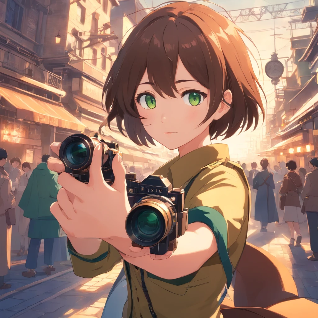 masterpiece:1.2, best quality, 1lady, solo:1.2, brown hair, short hair, green eyes, Piper Wright + Aya Shameimaru, Pointing a camera at the reader, Steampunk setting