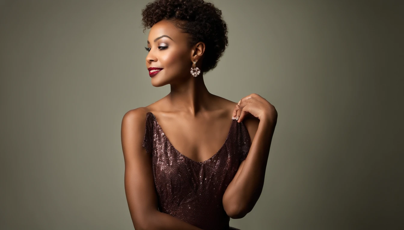 Fashion model photography, ballet dress, strong sense of design, medium shot, South African girl, short hair, hair accessories, delicate skin, smile, simple background, high texture, glare backlight, professional studio lighting