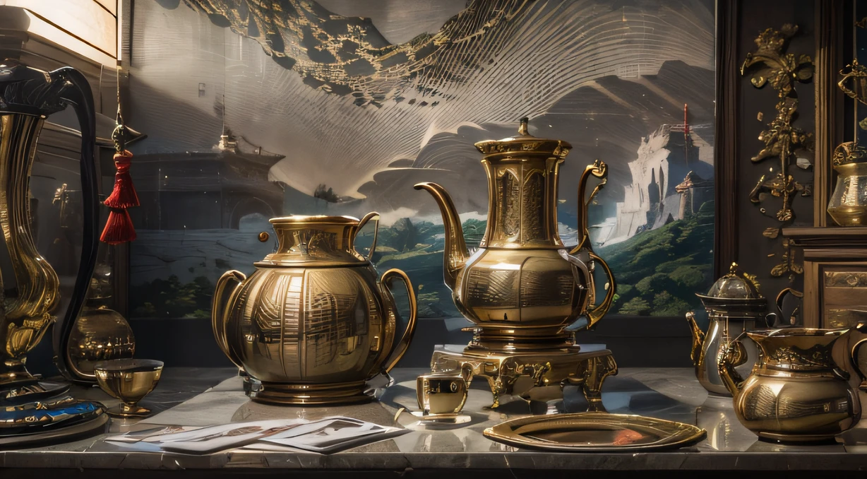 6 macho men，Top image quality，8K,conference site，In the canyon ancient temple，Look at the desktop all，Six male immortals，Black gold python robe crane relief，Gourd tea set，Six dishes and one soup，A masterpiece of telephoto photography，Realisticstyle，hyper photorealism, Cinematic lighting, projected inset,