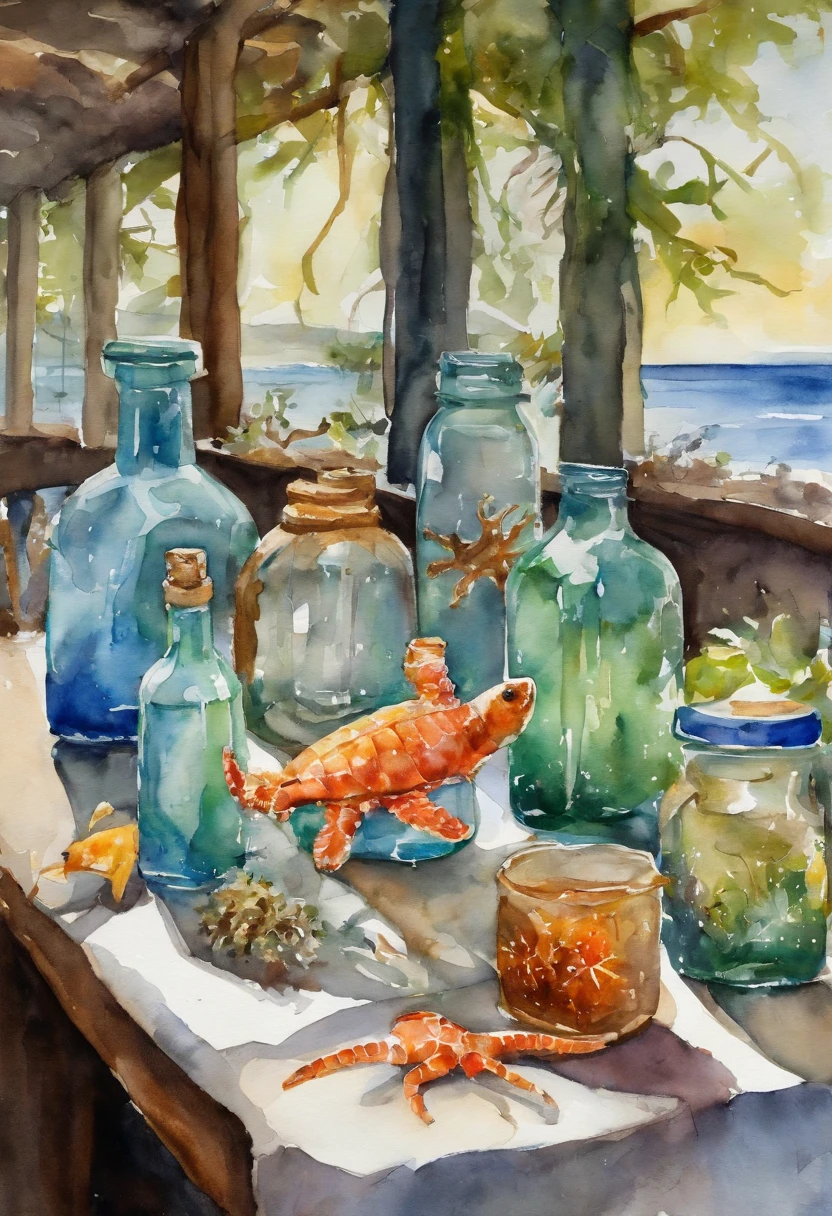 People were sitting at tables with glass bottles with marine life in the bottles, some in the bottles, some crawling out