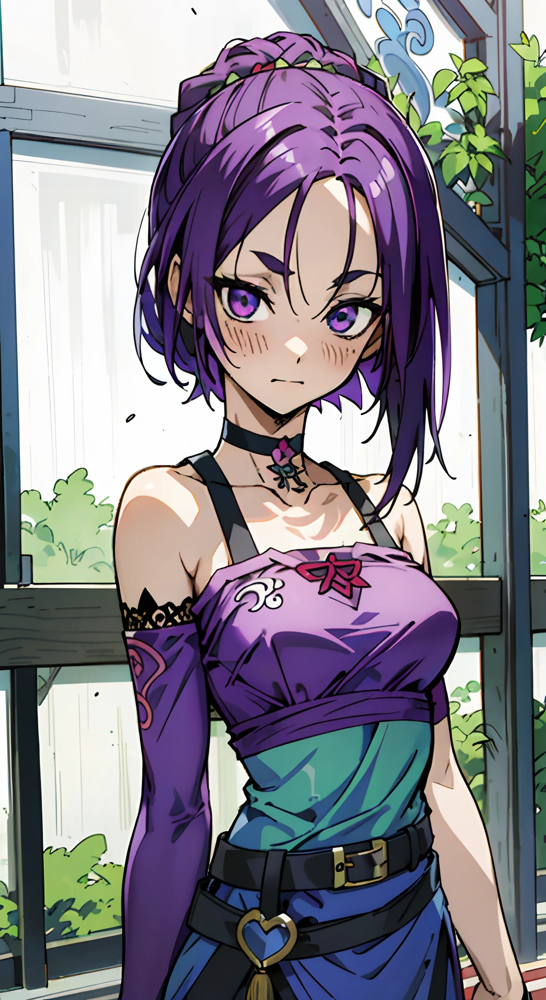 Masterpiece, Best quality, Ultra-detailed, Off-the-shoulder attire, Colorful,take up close, Hyper-detailing，purple color hair, hair ornament, Ultra-realistic hair quality, Vibrant colors, Beautuful Women, Beautiful long hair, Shiny hair, detailed hairs, reo mikage, bluelock, no sleeves, camisole and cheongsam, chinese clothes, chest exposure, lace underwear, the kinky is exposed, choker, black choker, arm warmers, relative area, a belt, sexy breasts, tattoo, arm tattoos, dragon tattoo, wrist tattoo, hand tattoo, big breasts, red blush, 1girl, Solo, sharpy face, heterochromia, green eyes, purple eyes, Bare neck, happiness face, rays of sunshine, brautiful sky, shining sky, Shanghai Village, castle