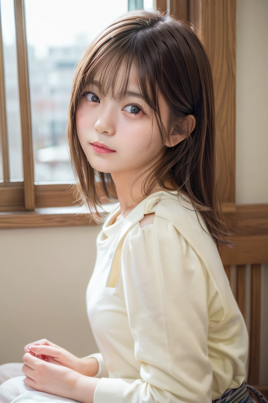 ((Top image quality、8k、​masterpiece：1.3))、Realistic high-quality photos、top-quality、girl cute-fine face、13 years old beautiful Japan girl、Photo of slim little girl model、Beautiful girl model、young japanese girl、Young cute face、japanaese girl、13-year-old female model、beautiful model girl、The innocent look of the girl next door、lovely delicate face、Brown hair、Beautiful brown eyes、Tear bag、drooing eyes、Young body