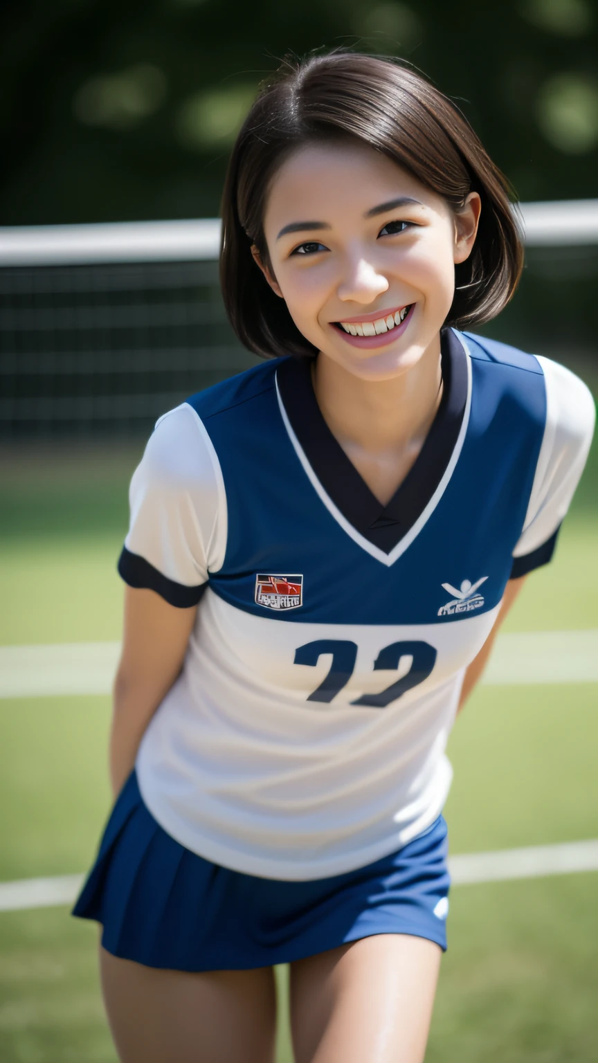 best quality, masterpiece, ultra high res, 8K, raw, (photo realistic:1.4), professional lighting, low angle, (detailed background:1.5), (indoors, Sports Center), toned, dynamic pose, 1 girl, cute, smile, sweat, open mouth, tiny breasts, wavy hair, detailed clothes, (volleyball uniform:1.3)