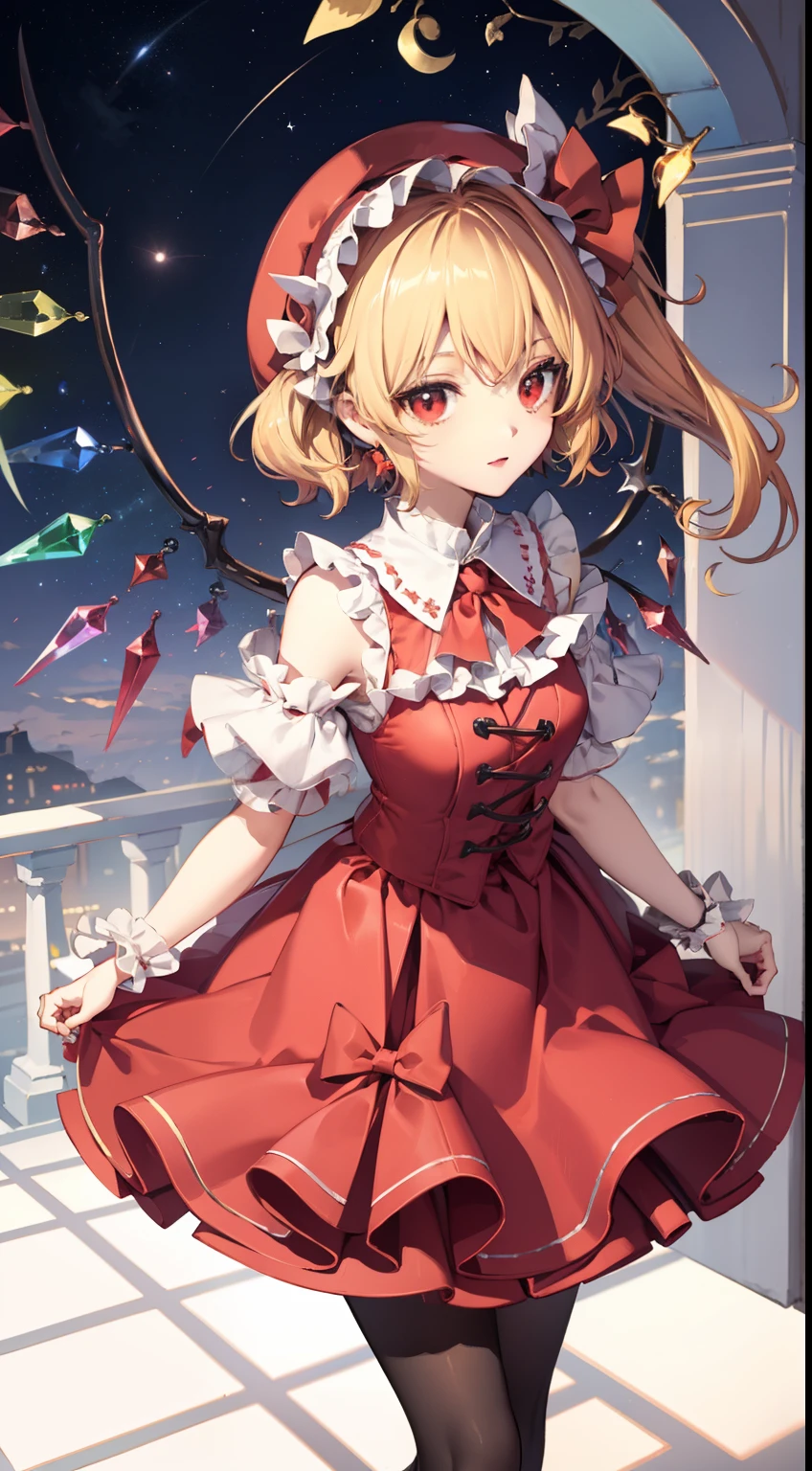 Flandre Scarlet Sky hat stands looking into the camera night