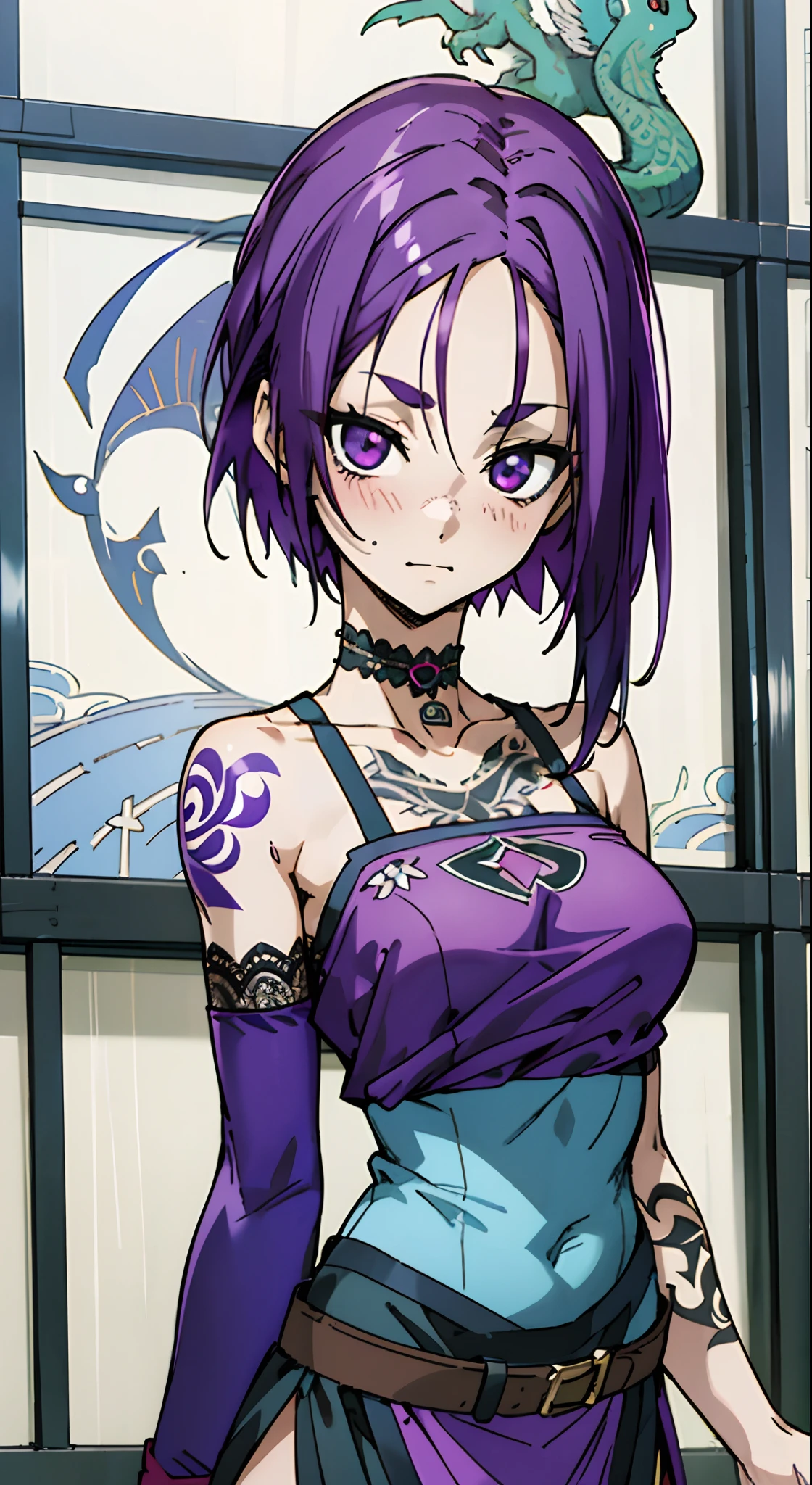 Masterpiece, Best quality, Ultra-detailed, Off-the-shoulder attire, Colorful,take up close, Hyper-detailing,purple color hair, hair ornament, Ultra-realistic hair quality, Vibrant colors, Beautuful Women, Beautiful long hair, Shiny hair, detailed hairs, reo mikage, bluelock, no sleeves, camisole and cheongsam, chinese clothes, chest exposure, lace underwear, the kinky is exposed, choker, black choker, arm warmers, relative area, a belt, sexy breasts, tattoo, arm tattoos, dragon tattoo, wrist tattoo, hand tattoo, big breasts, red blush, 1girl, Solo, sharpy face, heterochromia, green eyes, purple eyes, Bare neck, happiness face, rays of sunshine, brautiful sky, shining sky, Shanghai Village, castle
