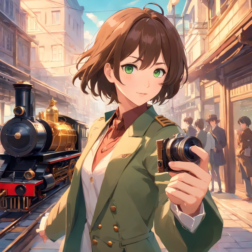masterpiece:1.2, best quality, 1lady, solo:1.2, brown hair, short hair, green eyes, Piper Wright + Aya Shameimaru, Pointing a camera at the reader, Steampunk setting, photorealistic anime, victorian era setting