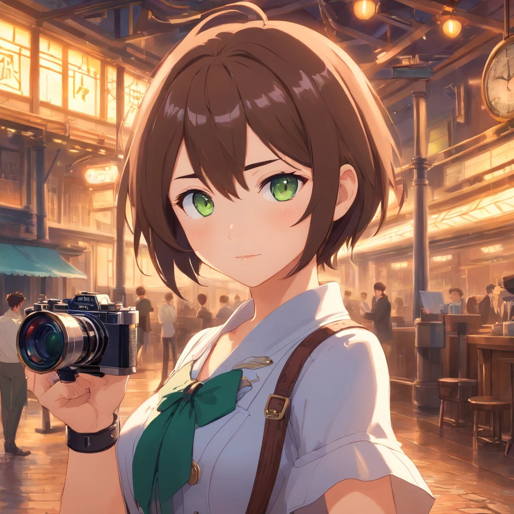 masterpiece:1.2, best quality, 1lady, solo:1.2, brown hair, short hair, green eyes, Piper Wright + Aya Shameimaru, Pointing a camera at the reader, Steampunk setting, photorealistic anime, victorian era setting