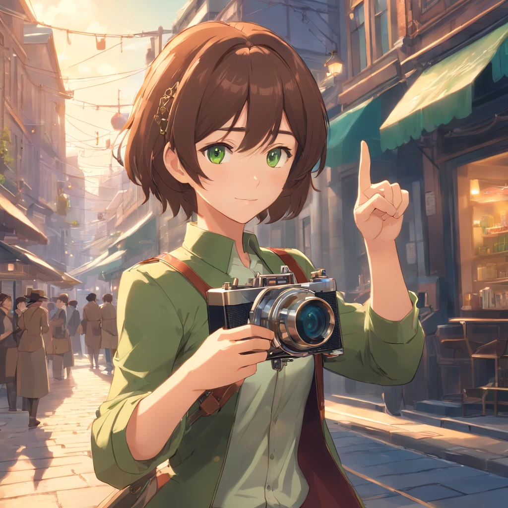 masterpiece:1.2, best quality, 1lady, solo:1.2, brown hair, short hair, green eyes, Piper Wright + Aya Shameimaru, Pointing a camera at the reader, Steampunk setting, photorealistic anime, victorian era setting