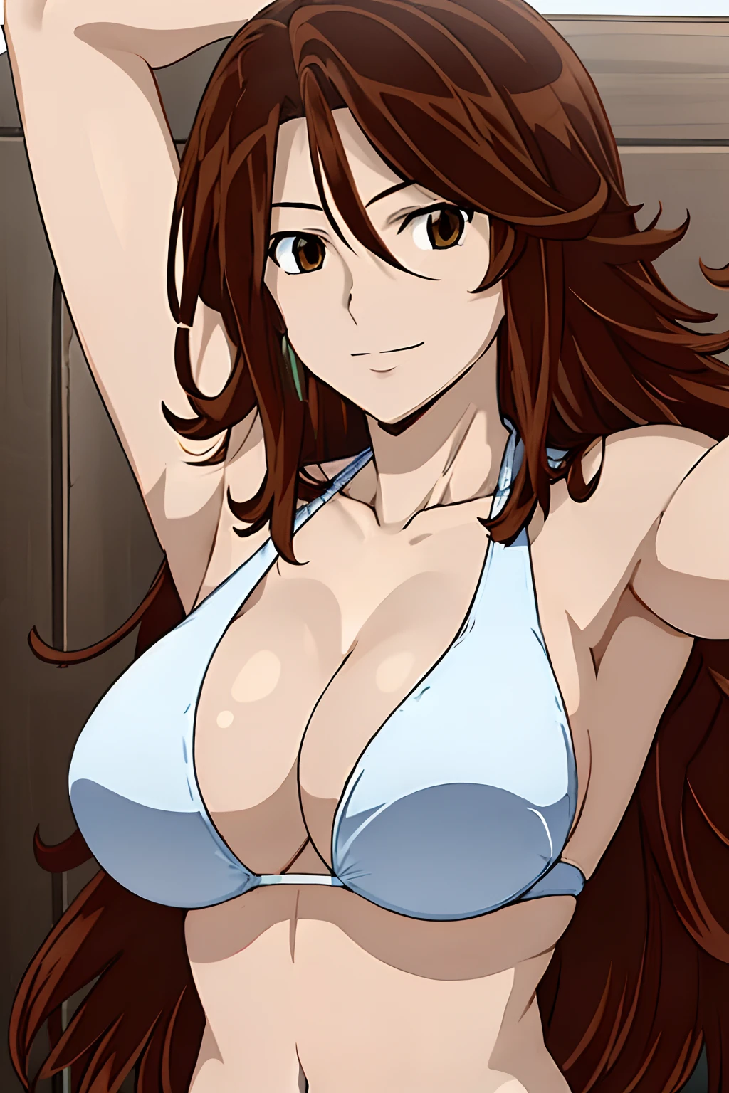 Selfie shot, detailed face, upper body view, detailed body, 4k, Sumergai Lee Noriega, best quality, anime style, hires, highest definition, digital blending, bold drawing lines, ((), (slender body), mature woman, (female wrestler, white wrestling bikini, biceps), cheerful, gorgeous, smile, (closed mouth), (pale skin, shiny skin, lighting and shadow), (cleavage), (clean face), (warming up), closed fists, (brown hair, curly hair, long hair), 27 years old, sexy
