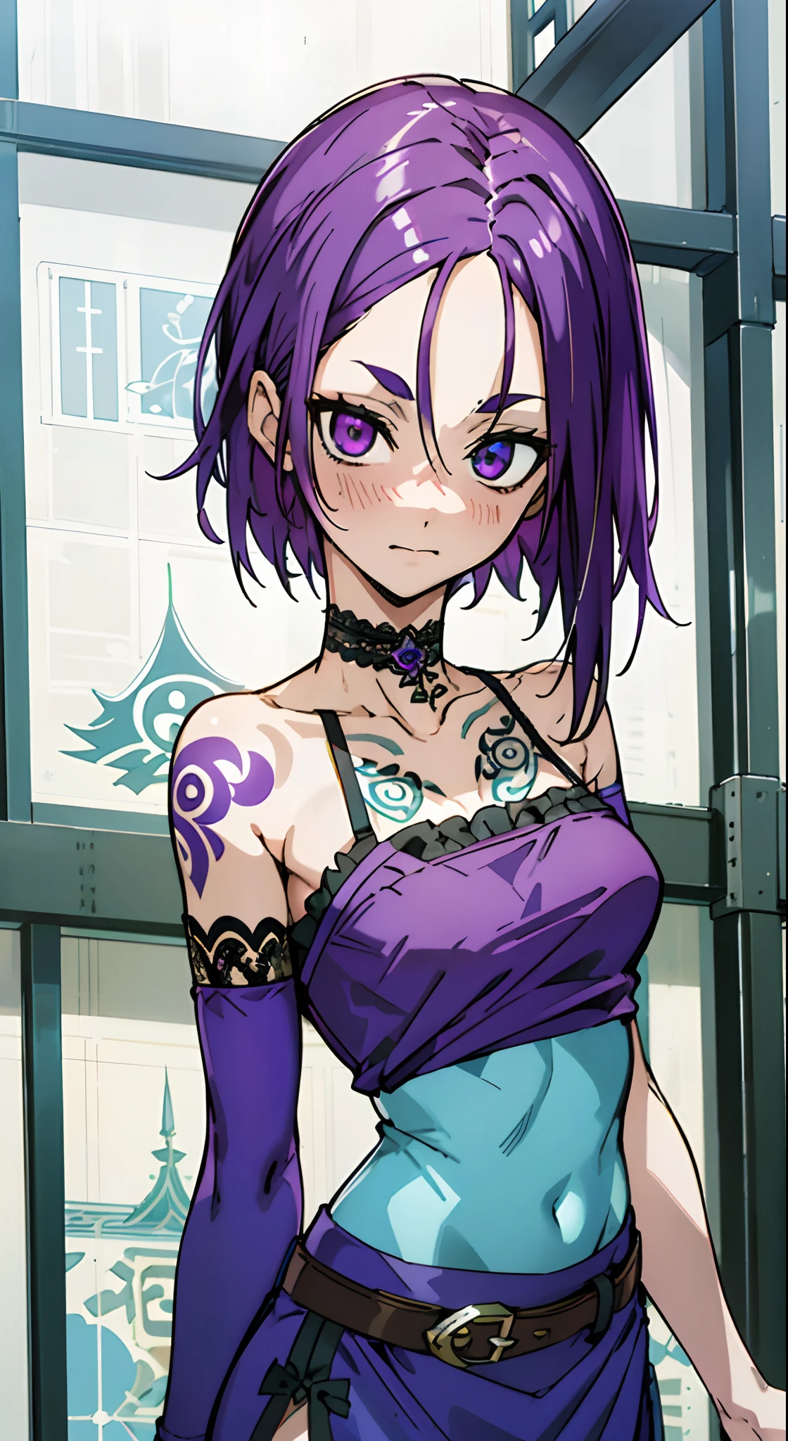 Masterpiece, Best quality, Ultra-detailed, Off-the-shoulder attire, Colorful,take up close, Hyper-detailing，purple color hair, hair ornament, Ultra-realistic hair quality, Vibrant colors, Beautuful Women, Beautiful long hair, Shiny hair, detailed hairs, reo mikage, bluelock, no sleeves, camisole and cheongsam, chinese clothes, chest exposure, lace underwear, the kinky is exposed, choker, black choker, arm warmers, relative area, a belt, sexy breasts, tattoo, arm tattoos, dragon tattoo, wrist tattoo, hand tattoo, big breasts, red blush, 1girl, Solo, sharpy face, heterochromia, green eyes, purple eyes, Bare neck, happiness face, rays of sunshine, brautiful sky, shining sky, Shanghai Village, castle