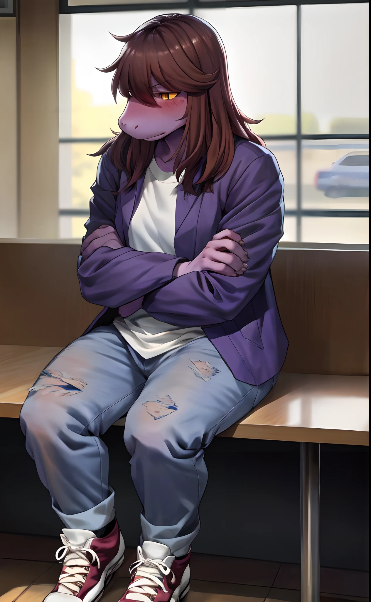 Susie, purple jacket, white shirt, ripped jeans, converse shoes, untied shoe laces, long brown hair, yellow eyes, crossing arms, sitting, in a cafeteria, by gudlmok99, by sleepiness18, jitome:1.2, blushing, looking away