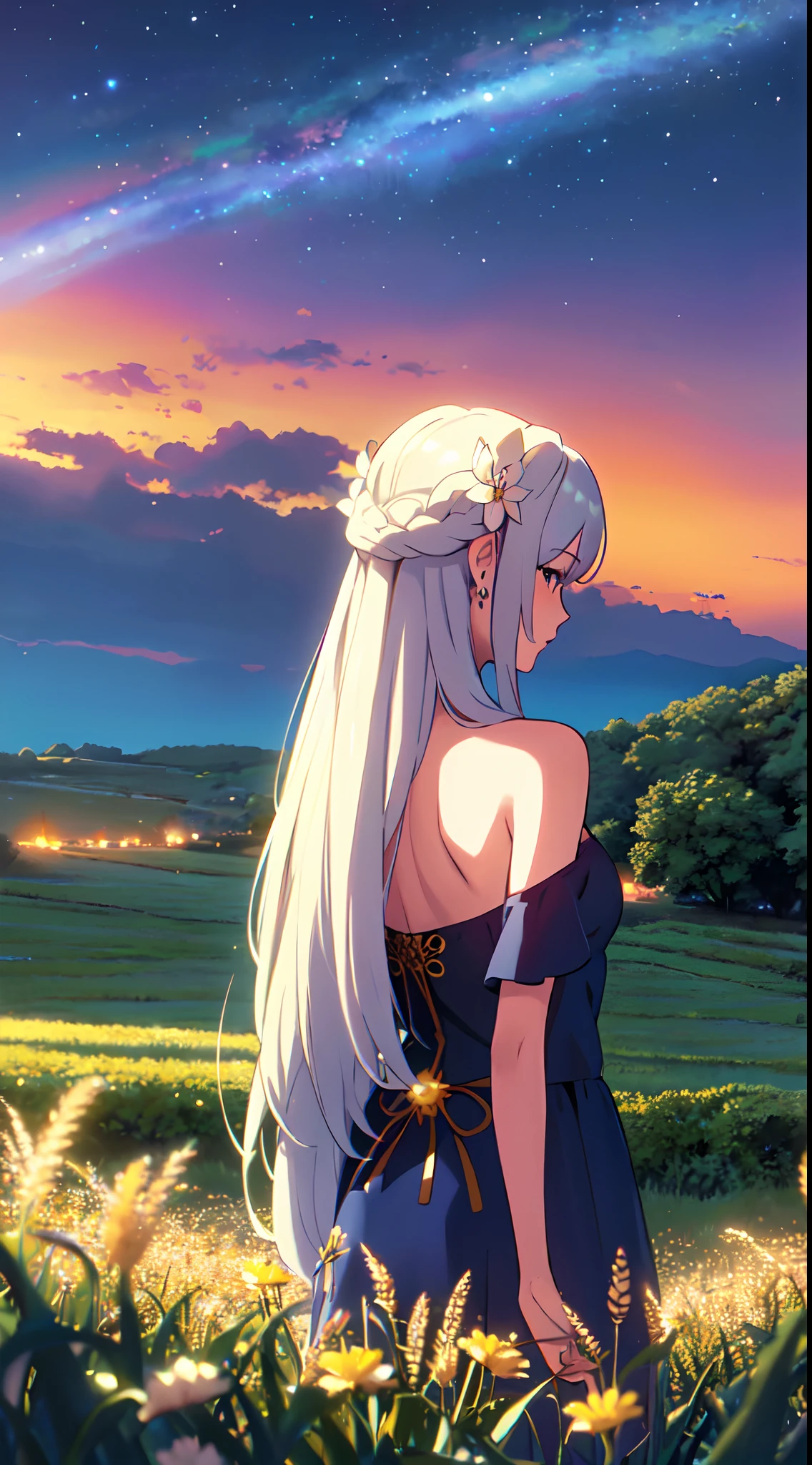 masterpiece, best quality, 1lady, solo, (really long hair), white hair, (flowers hair ornament), earrings, night, Vast sky, beautiful skyline, fireflies, fantasy, off shoulder blue dress, medium bust, night scenery, (behind/back view), wheat field, close up