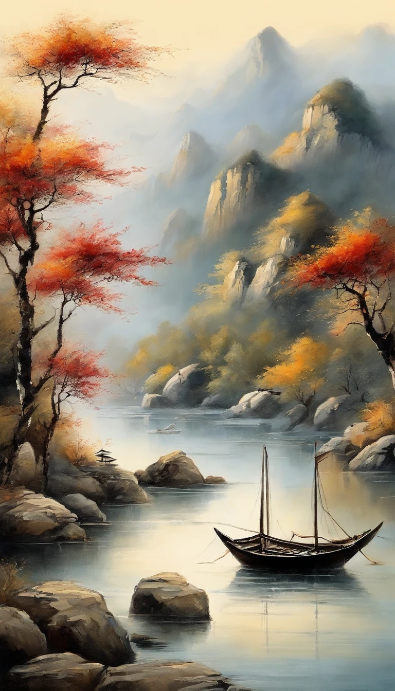 chinese landscape painting,Inks and watercolor paintings,Water-based ink,ink,blemish,Distant view,Ultra-wide viewing angle,meticulous,Water-based ink,blemish,meticulous,blemish,low saturation,low contrast,Sea rise and moonrise,Light boats have crossed ten thousand heavy mountains.,Beautifully depicted,detaild,acurate,Master's work,A masterpiece girl