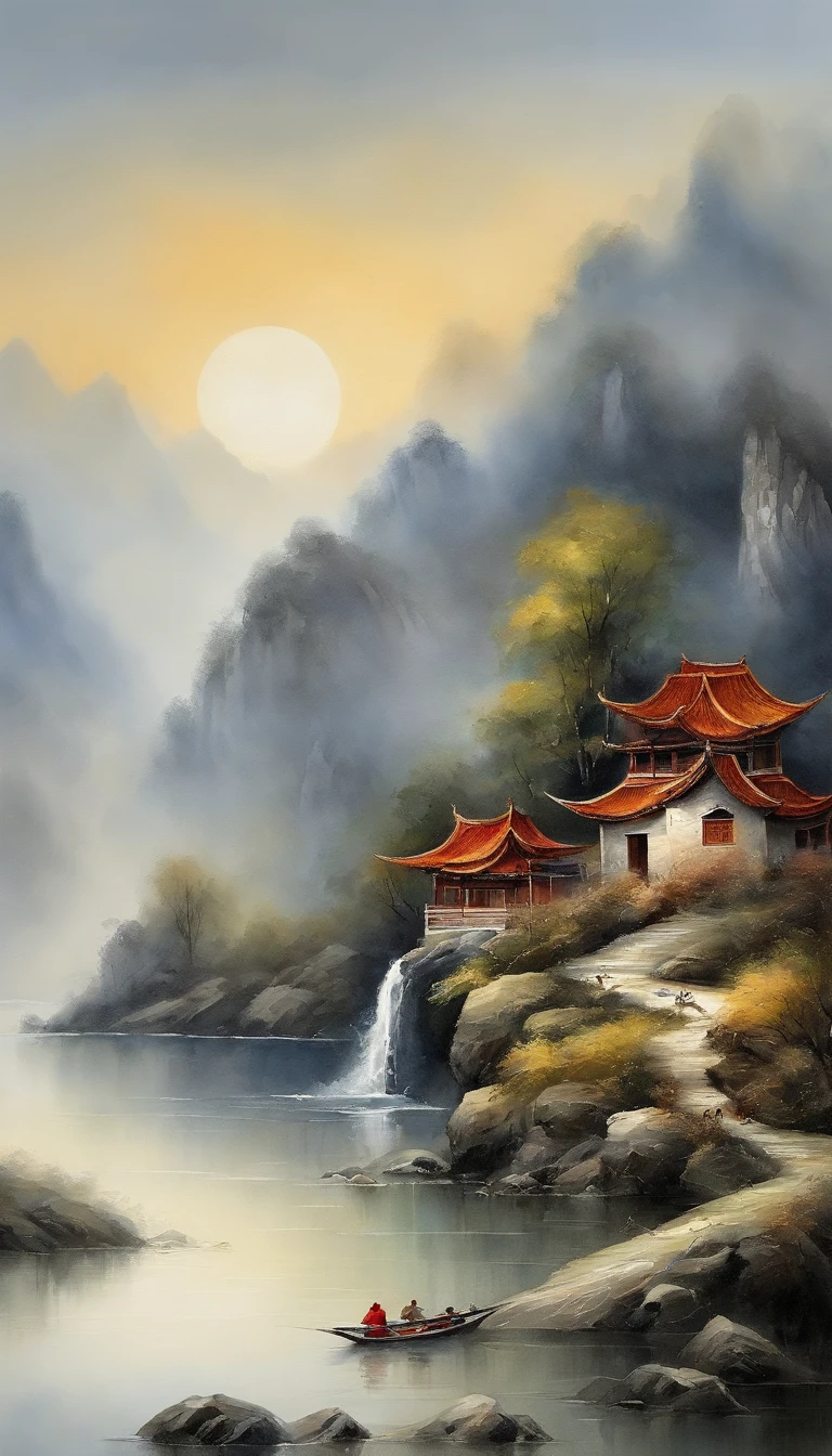 chinese landscape painting,Inks and watercolor paintings,Water-based ink,ink,blemish,Distant view,Ultra-wide viewing angle,meticulous,Water-based ink,blemish,meticulous,blemish,low saturation,low contrast,Sea rise and moonrise,Light boats have crossed ten thousand heavy mountains.,Beautifully depicted,detaild,acurate,Master's work,A masterpiece girl