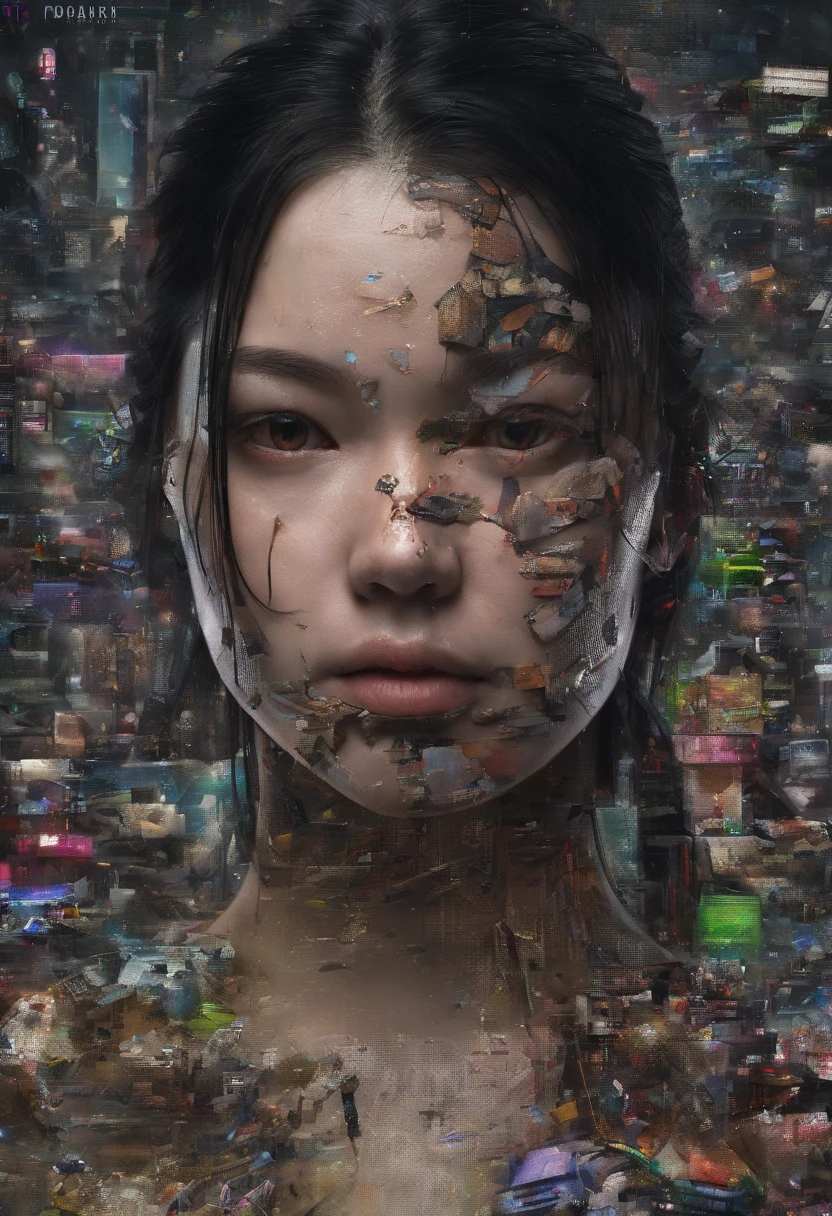 (Front focus),(In the dark:1.6),, (Masterpiece, Top quality, Best, offcial art, Beautiful and aesthetic:1.2),(Masterpiece, Top quality, Best quality, offcial art, Beautiful and aesthetic:1.2),(Masterpiece, Top quality, Best quality, offcial art, Beautiful and aesthetic:1.2), 1girll, Fault art, (Digital distortion), pixelated fragments, corrupted data,colorful noise, visual chaos,contemporary aesthetics