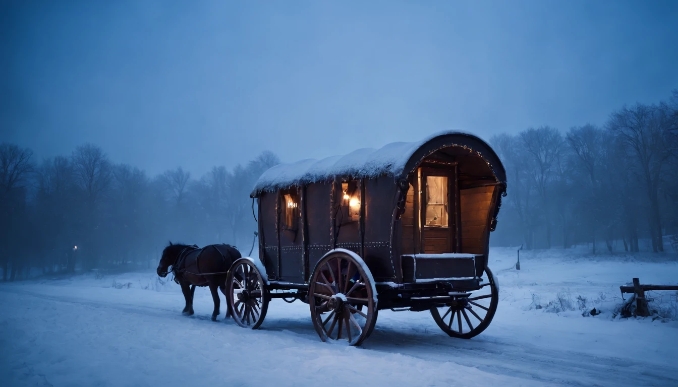 medieval Hungary, gypsy wagon, snow, night