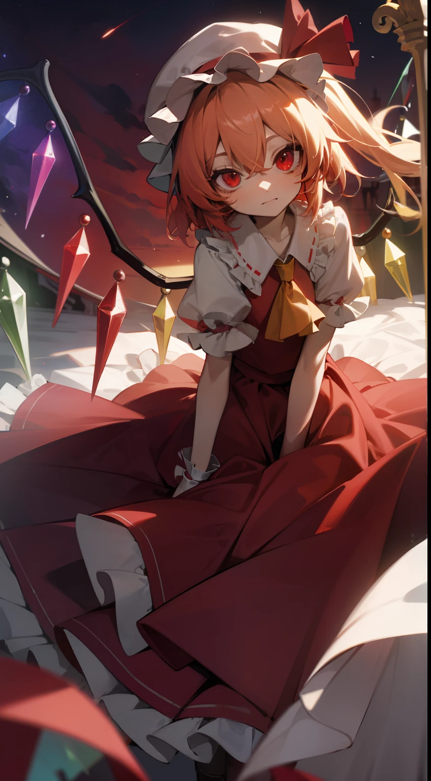 Flandre Scarlet Sky hat stands looking into the camera night