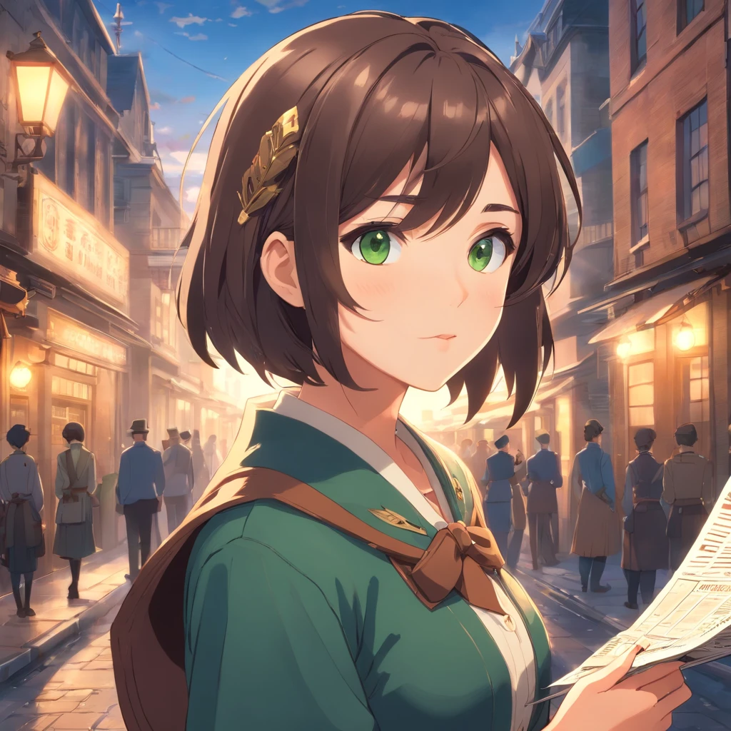 masterpiece:1.2, best quality, 1lady, solo:1.2, dark brown hair, short hair, green eyes, Piper Wright, young, Pointing a camera at the reader, Steampunk setting, photorealistic anime, victorian era setting, newspaper cap