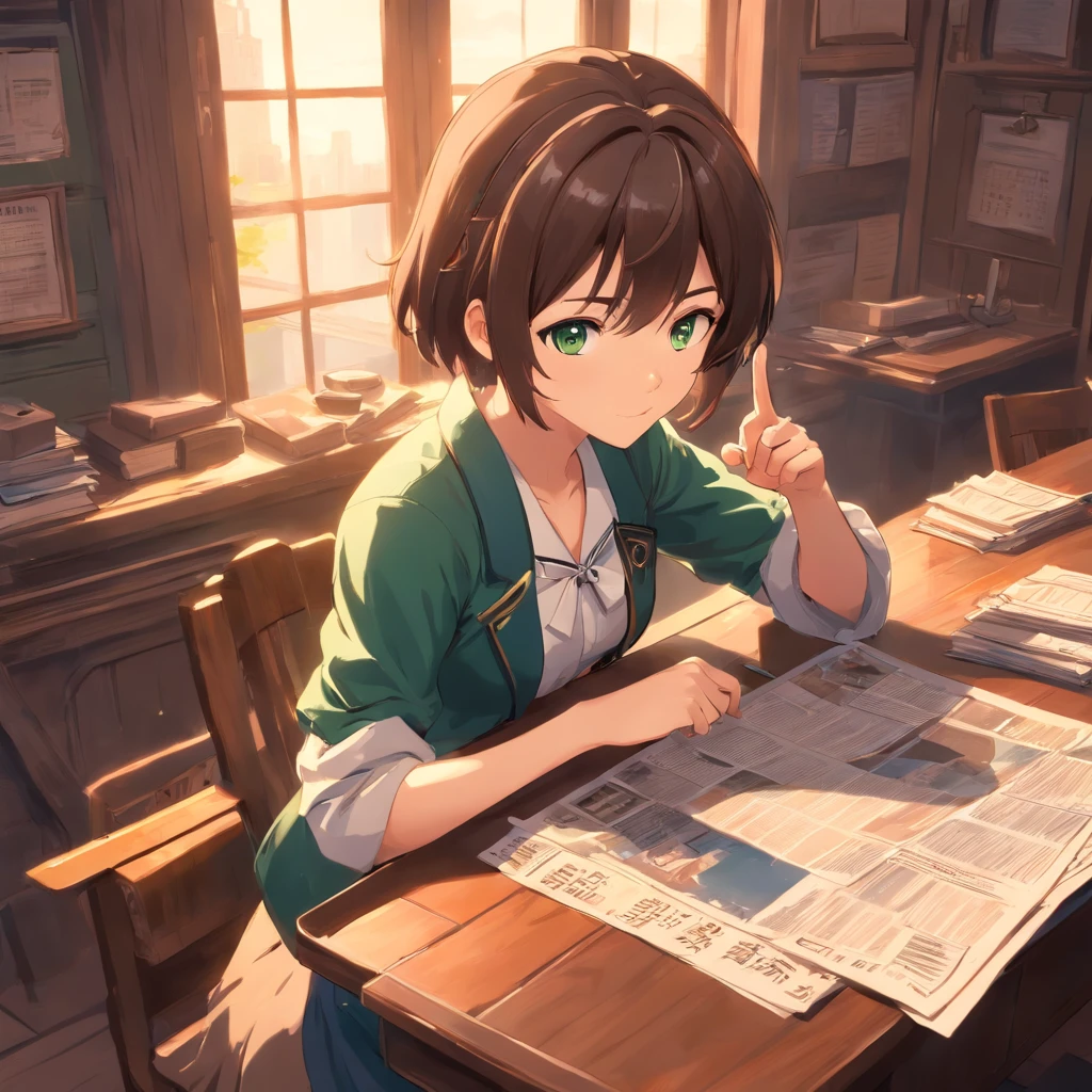 masterpiece:1.2, best quality, 1lady, solo:1.2, dark brown hair, short hair, green eyes, Piper Wright, young, Pointing a camera at the reader, Steampunk setting, photorealistic anime, victorian era setting, newspaper cap