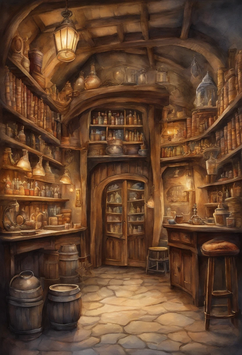 Historical background The magic shop inside, Front view, Harry Potter, Diagon Alley, Showcase, Textured, Maximum detail, Drywall, No Man, Highest quality, Masterpiece, Magic potion, mythological creatures