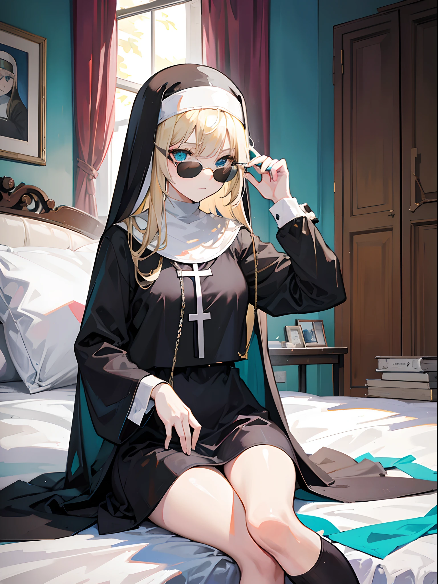 An 18-year-old woman with blond hair and turquoise eyes., long-haired, Black Ribbon, Wear sunglasses, And a nun's uniform., sitting on the bed.