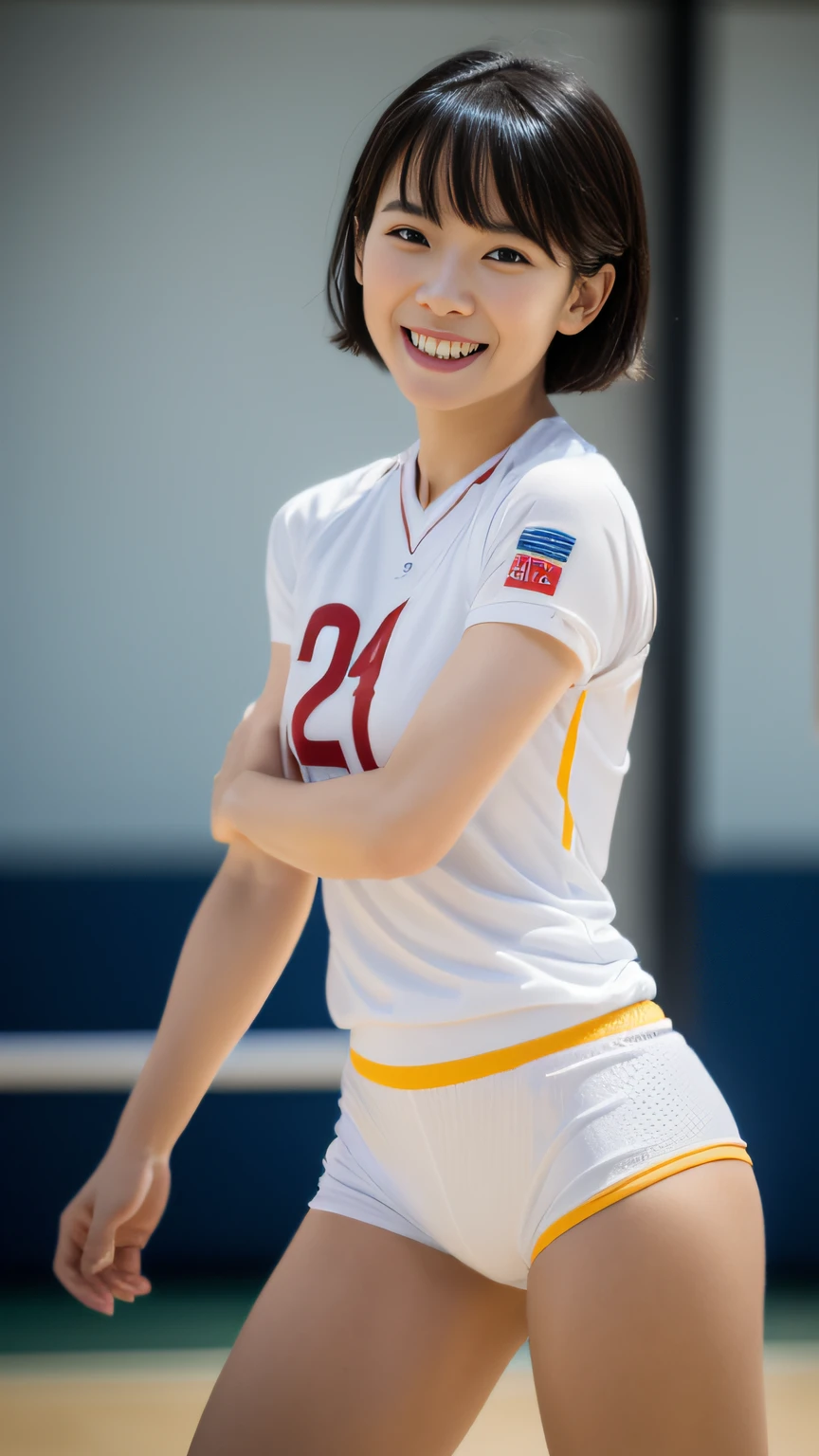(The FW), 1womanl, Solo, 24 year old, 7headed body, (cute face), (Ideal ratio body proportions), long , Volleyball Court, Volleyball uniform, Volleyball Attack, Wearing sweat, The costume is sheer, Wet, Smiling smile, short-hair, Dark hair, big breasts, A slender, Small buttocks, beauty legs, Skinny Legs, surrealism, Cinematic lighting, depth of fields, One-person viewpoint, F/1.8, 135 mm, nffsw, masutepiece, ccurate, ((Anatomically correct)), Textured skin, Super Detail, high details, High quality, awardwinning, Best Quality, hight resolution, 8K