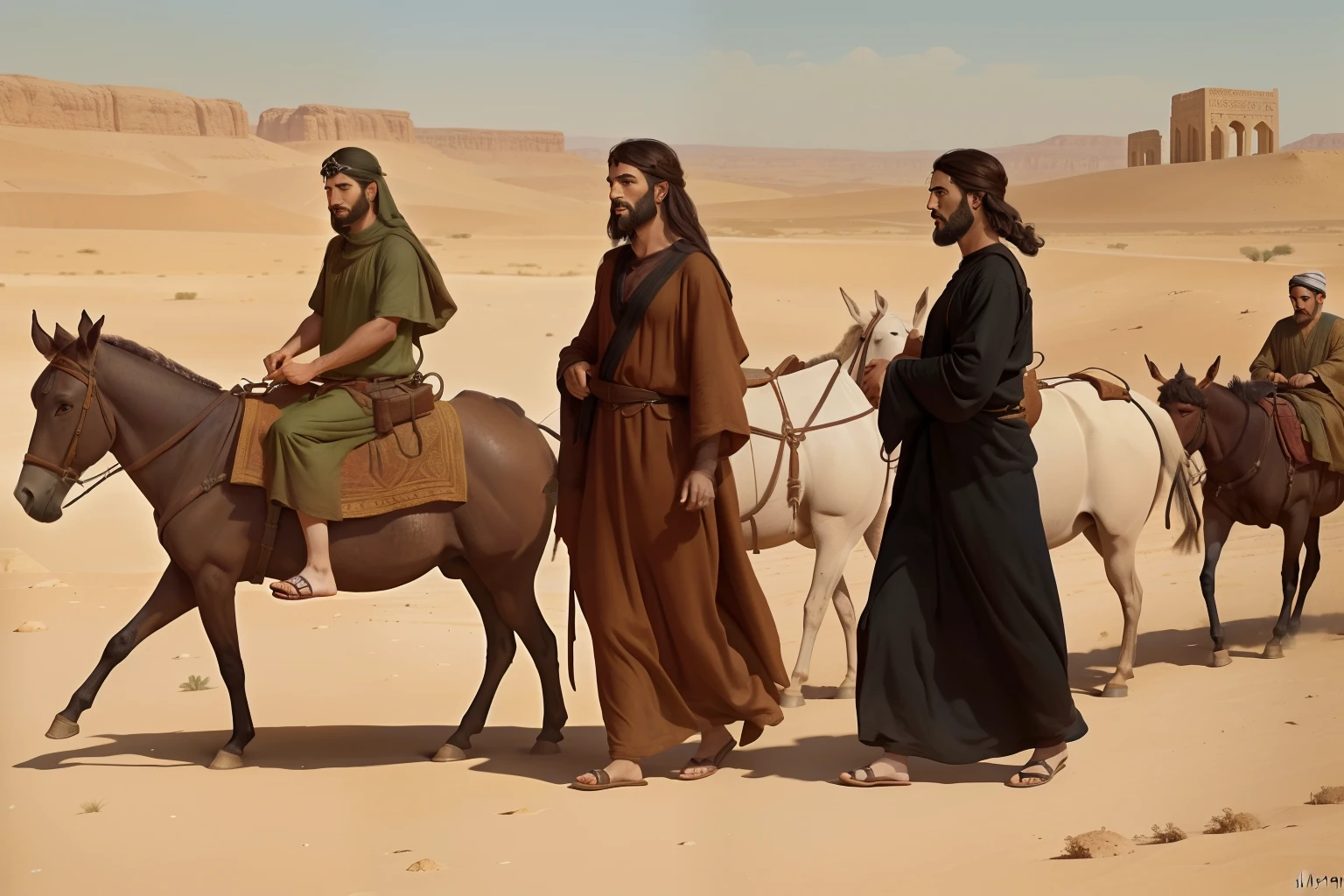Year: 11th century. Location: Persia. ((very wide shot)) Pre-raphaelite scene with four jewish men, with black caftans, in line, crossing the dessert, hot, tired, thirsty, with pack (mules and donkeys), ((((11th century plain caftan)))) ((11th century hairstyle)), (((cinematic style)))