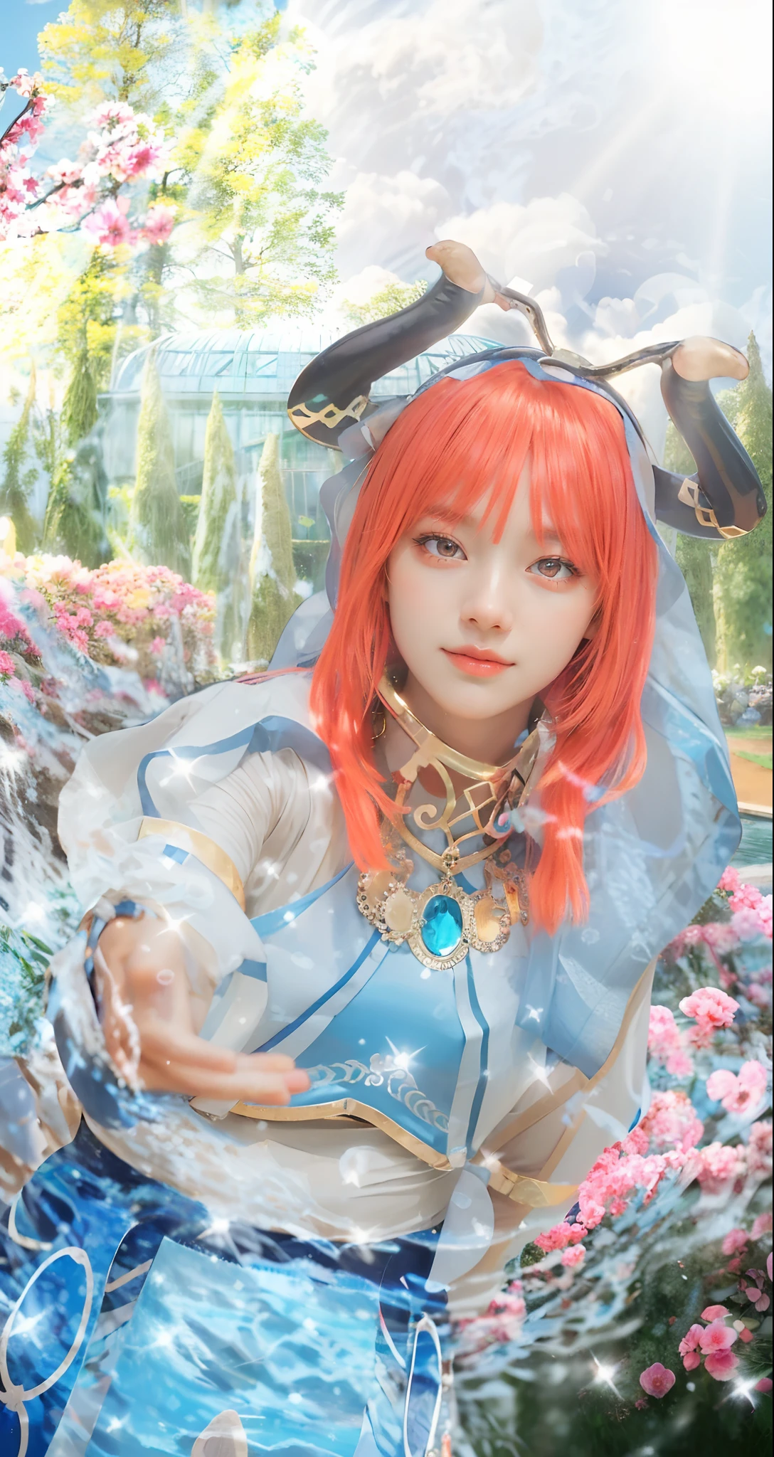 anime girl with red hair and blue outfit holding a crystal ball, ornate cosplay, vivy, ayaka cosplay, ayaka game genshin impact, closeup fantasy with water magic, sakura kinomoto, ayaka genshin impact, cosplay photo, anime cosplay, cyarine, ragnarok online, cosplay, rin, cosplayer dressed like a crab, anime style mixed with fujifilm((nilou_realistic)),((beautiful face)),( standing naturally with no pose:1.5), 1 girl,(navel), (red long hair, twin tails, skirt,crop top, long sleeves, o-ring legwear, nilou's sandals), (full body:1.3),BREAK, 1girl, solo, looking at viewer, flat bangs, (young cute beautiful 18-year-old girl:1.1), 3d face, beautiful girl, Beautiful face, pretty, girlface, kpop idol, supermodel, stunning innocent symmetry face, (hand of Guido Daniele), perfect body, medium breast, slim waist, slim legs, (high detailed skin:1.2), glowing eyes, goddess, natural skin texture, shiny skin, White skin, Beautiful detailed face, detailed face, real skin texture, cute delicate face, finely detailed face, golden ratio, golden ratio face, expressive eyes, perfect face, perfect skin, flawless face, clear face, shiny hair, pale skin, Proper body proportion, perfect anatomy, realistic skin texture, luscious lips, glossy lips, natural makeup, beautiful bright pupils, slender figure, intricate eyes, detailed pupils, detailed face and eyes, longeyelashes, blush, good hand, perfect hands, pretty face, beautiful female bodies, finely detailed skin, oily shiny skin, BREAK, (((((golden hour, Sakura tree background, petals falling, dawn light, cobblestone pathway, building pavilion, chinese buildings, moutains, misty lake, ancient chinese background, puddle, after the rain, wet grass and trees, (sky overcast with a rainbow), (sunlight reflection), flower sea, in a meadow, (waterfall:1.2), ((breeze)), flying splashes, flying petals, leaves, nature, river, (forest), (bloom), bloom effect, detailed beautiful grassland with petal, flower, butterfly, petal, (((surrounded by heavy fl