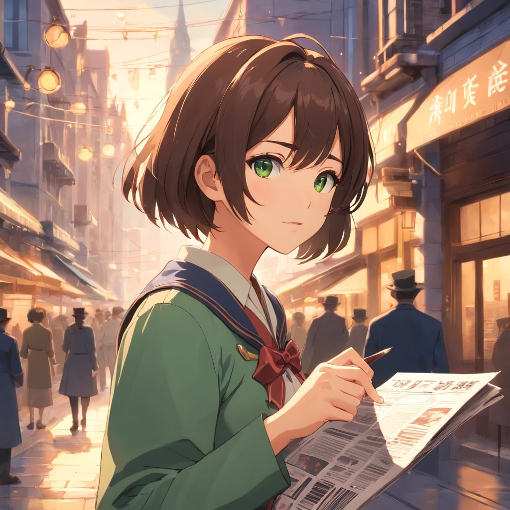 masterpiece:1.2, best quality, 1lady, solo:1.2, dark brown hair, short hair, green eyes, Piper Wright, young, Pointing a camera at the reader, Steampunk setting, photorealistic anime, victorian era setting, newspaper cap in head