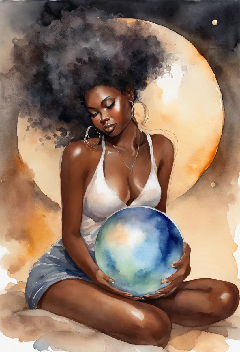 ((1girll)), anime big breast, kurzes dunkles Haar, Dark skin, Shiny spectacle lenses, Mouth closed,face expressionless, Sitting, Her hands held a glowing sphere,While two other glowing spheres swirled around her.