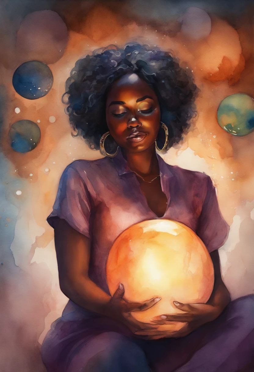 ((1girll)), anime big breast, kurzes dunkles Haar, Dark skin, Shiny spectacle lenses, Mouth closed,face expressionless, Sitting, Her hands held a glowing sphere,While two other glowing spheres swirled around her.