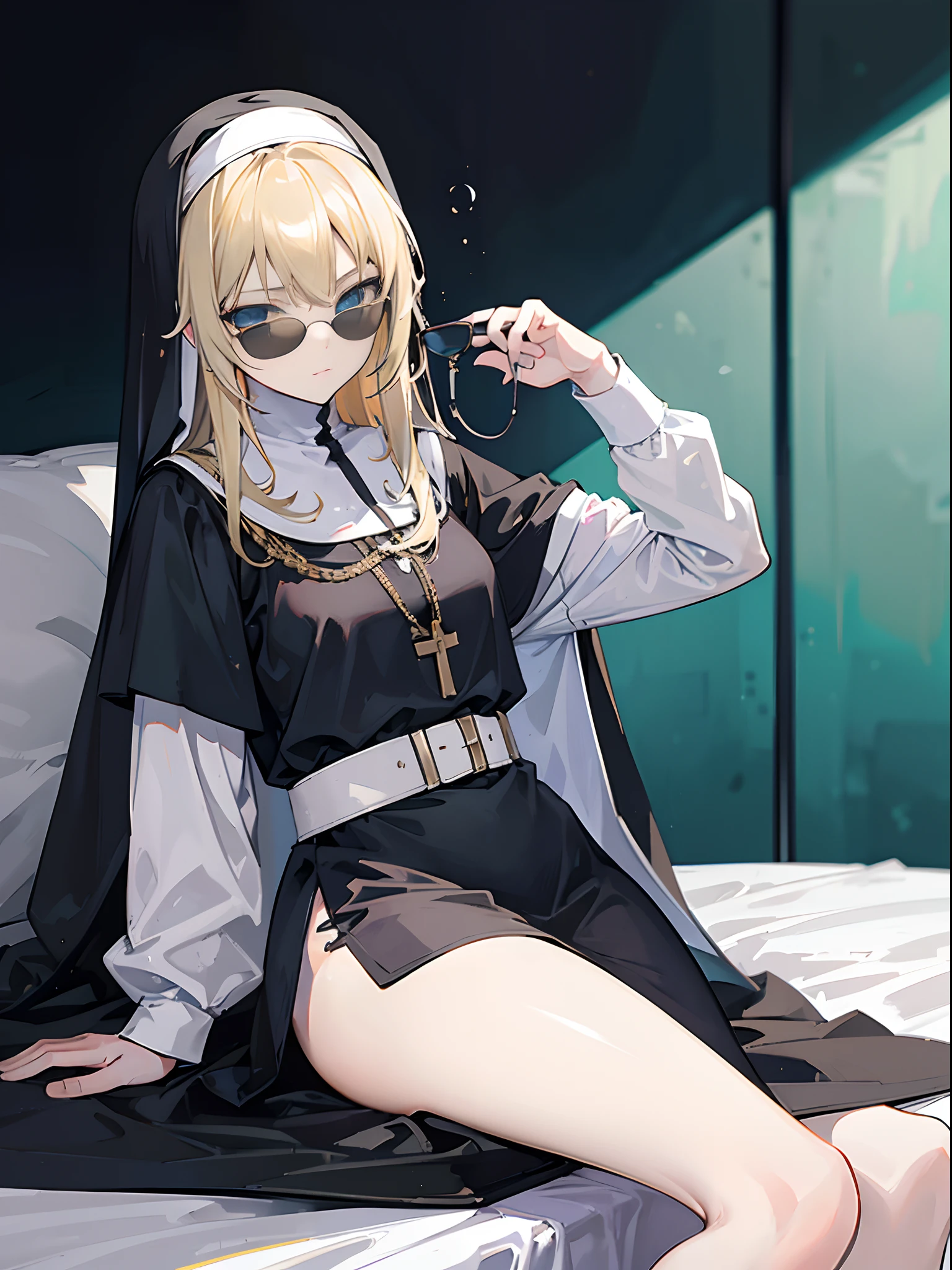 An 18-year-old woman with blond hair and turquoise eyes., long-haired, Black Ribbon, Wear sunglasses, And a nun's uniform., sitting on the bed.