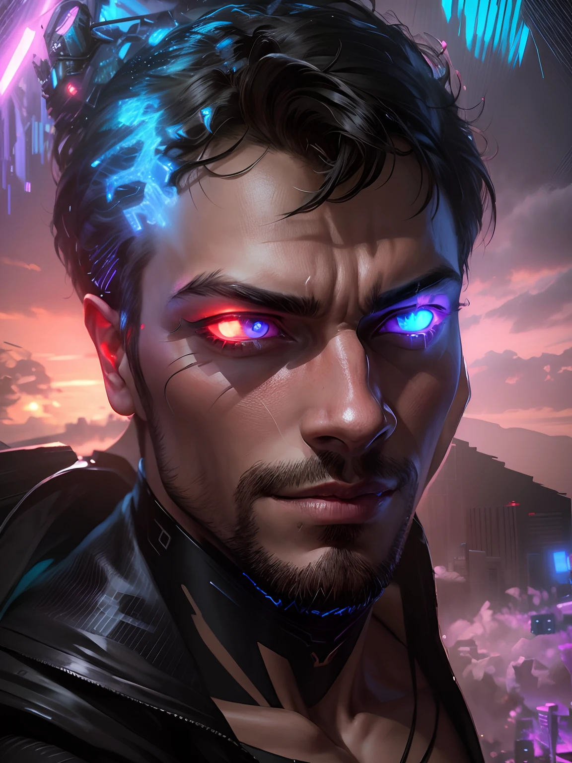 gloomy portrait of Cyborg Superman Violet Lantern from DC, extremely detailed, futuristic cityscape, nighttime, glowing neon lights, smoke, sparks, metal shavings, flying debris, blue energy effects, volumetric light