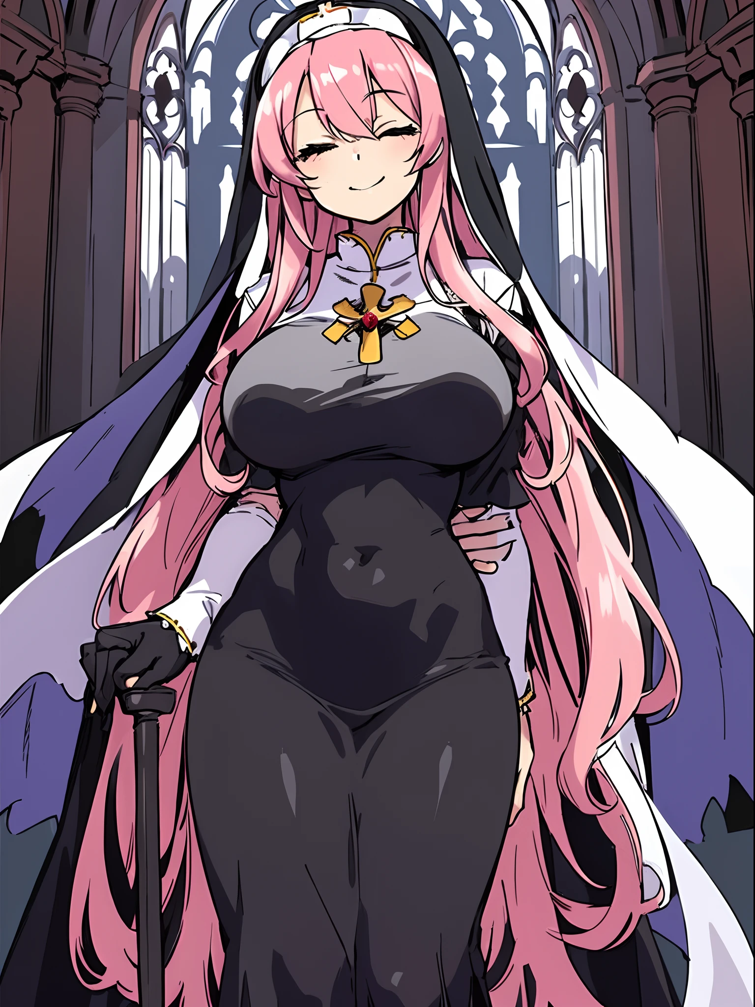 Highly detailed and realistic CG, Colorful, Masterpiece, Best Quality, magnificent, jewel-like eyes, 1girl, solo, loli, child, mesugaki, pink hair, long hair, nun cassock clothing, priest, black wedding veil, black bridal gauntlets, closed eyes smile, church, marriage, from pov, midium breasts, contrapposto, hair intakes, unexposed, skindentation,