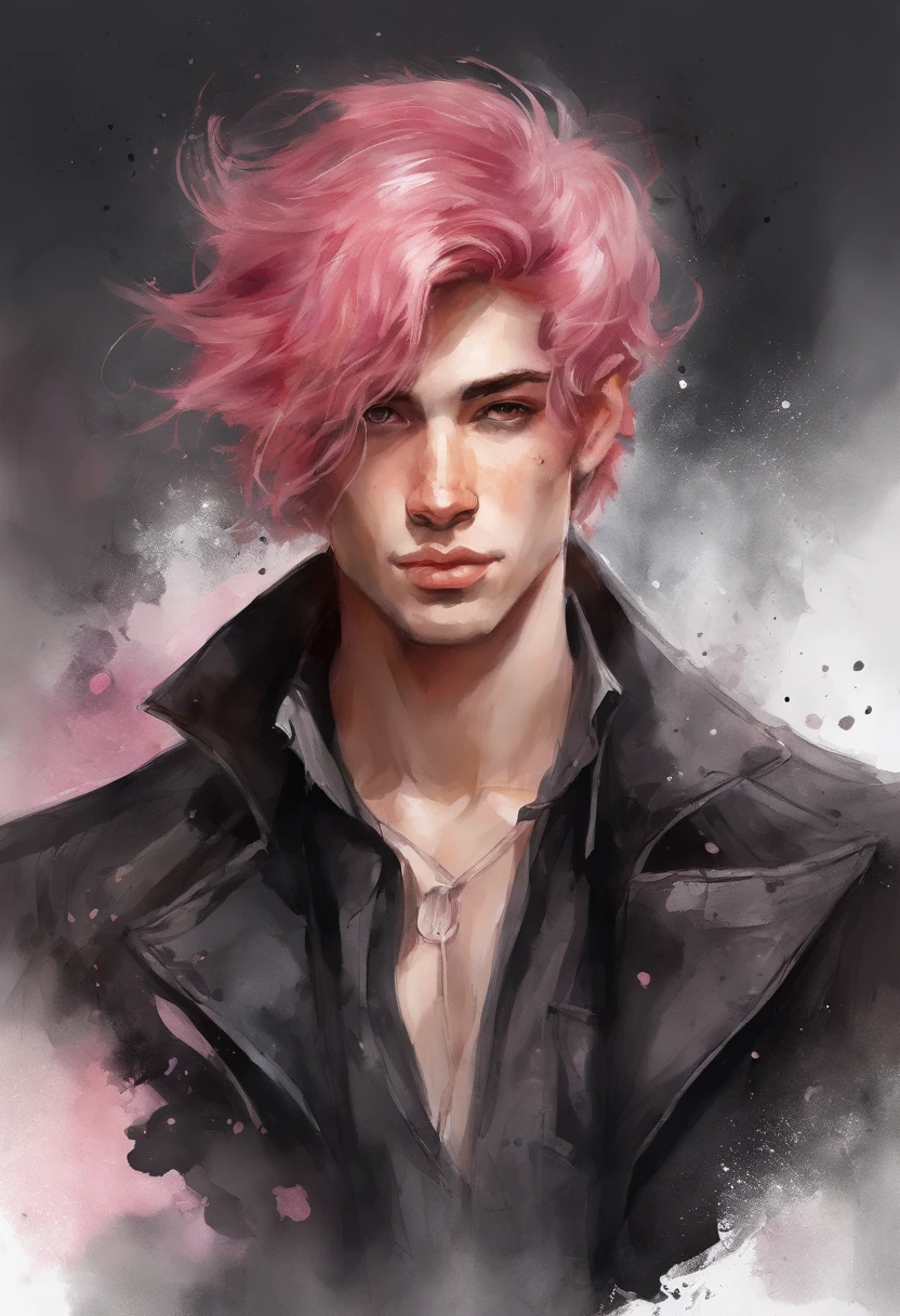 Man with pink and red hair and black clothes, Handsome face, White eyes, Highly detailed young anime, 4K Wall Paper Caricature, Anime boy, detailed anime character art.