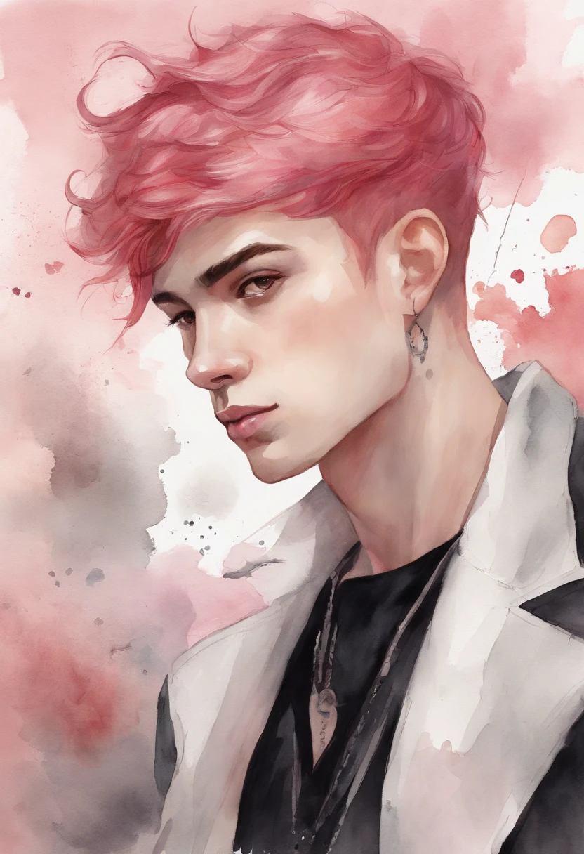 Man with pink and red hair and black clothes, Handsome face, White eyes, Highly detailed young anime, 4K Wall Paper Caricature, Anime boy, detailed anime character art.