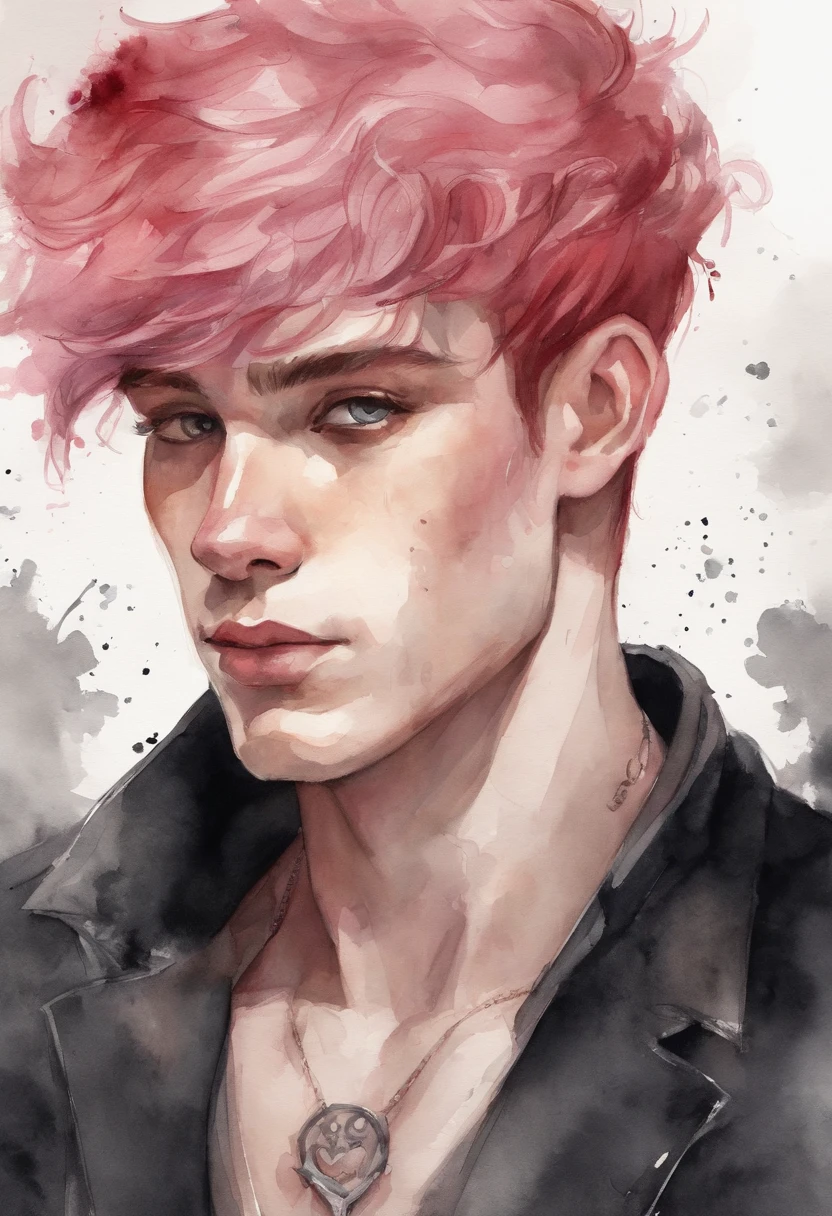 Man with pink and red hair and black clothes, Handsome face, White eyes, Highly detailed young anime, 4K Wall Paper Caricature, Anime boy, detailed anime character art.
