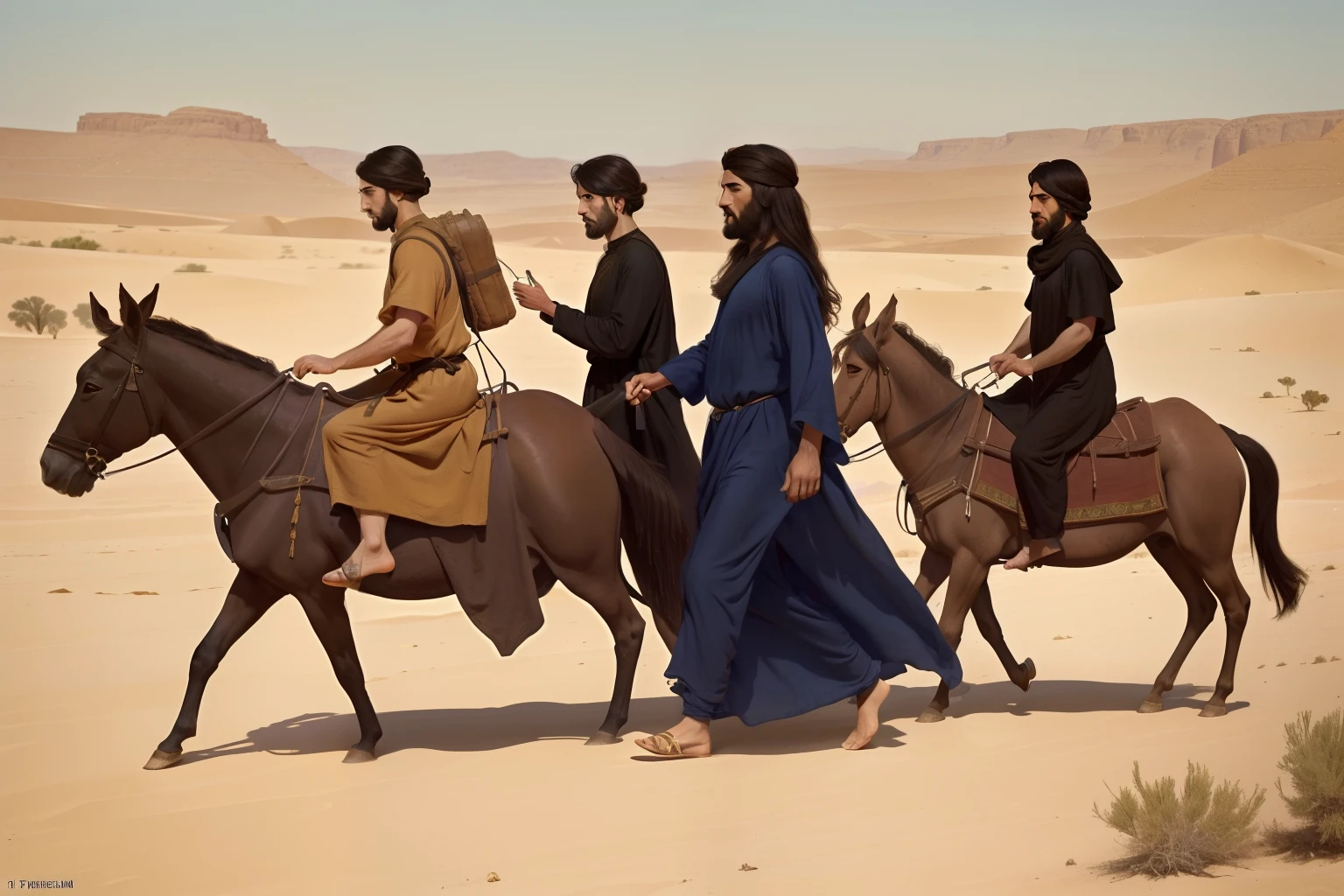 Year: 11th century. Location: Persia. ((very wide shot)) Pre-raphaelite scene with four jewish men, with black caftans, in line, crossing the dessert, hot, tired, thirsty, with pack (mules and donkeys), ((((11th century plain caftan)))) ((11th century hairstyle)), (((cinematic style)))