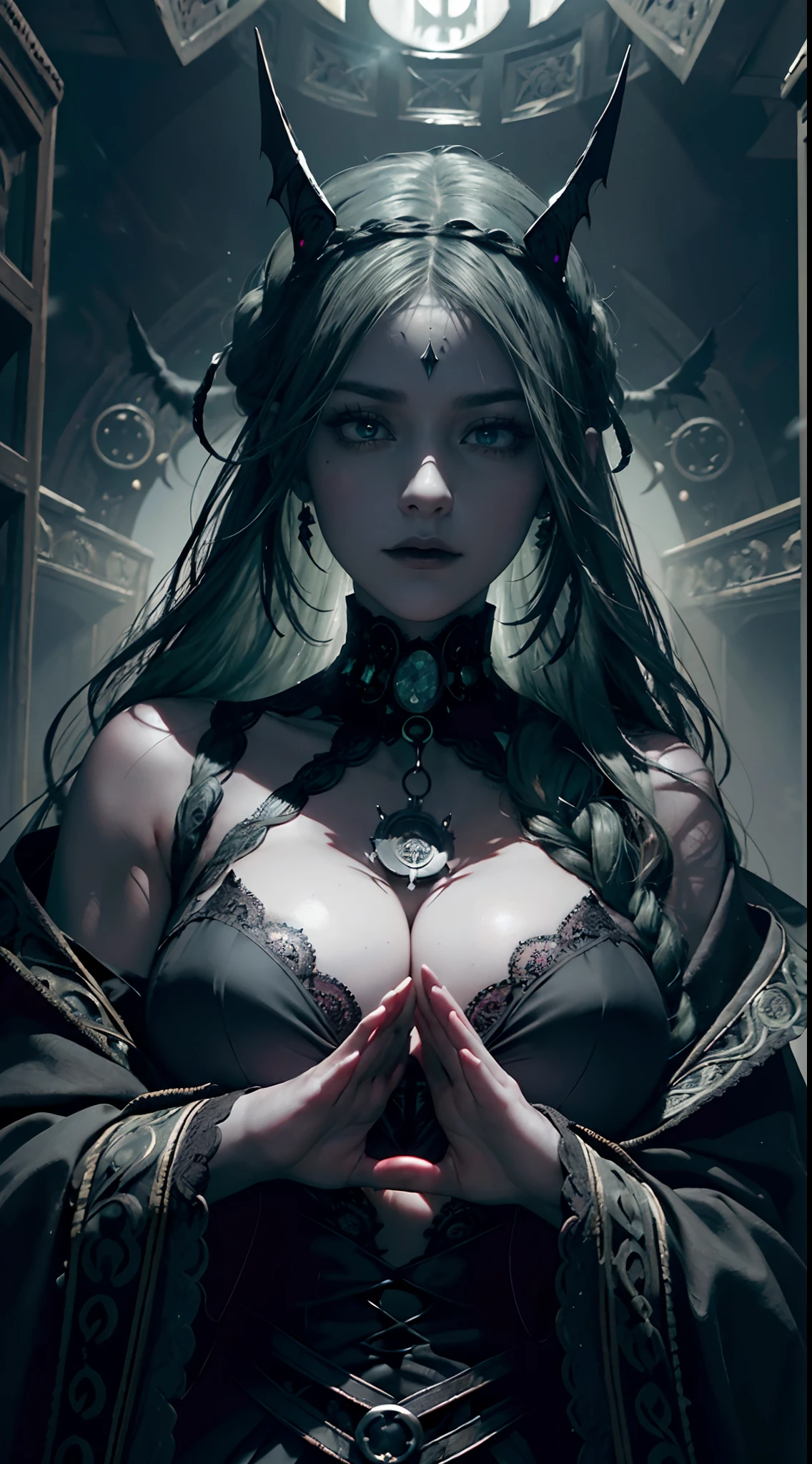 Official Art, Unity 8k wallpaper, super detailed, beautiful, beautiful, masterpiece, best quality,
darkness, atmosphere, mystery, romanticism, creepy, literature, art, fashion, victorian, decoration, intricacies, ironwork, lace, contemplation, emotional depth, supernatural,(((Dark magical energy surrounds her))),magic power surrounded,(((dark light surrounds her:1.5))),Dark Religious Tattoos,dark magic ceremony,be wreathed in mist,Crows flying around her，
1woman,dark light,,pray,arrogant,Olive green hair,braided hair,poker face,glowing body,dark crown,black eye shadow,gigantic breasts,black lips,solo, neck,bust portrait,Red Lotus