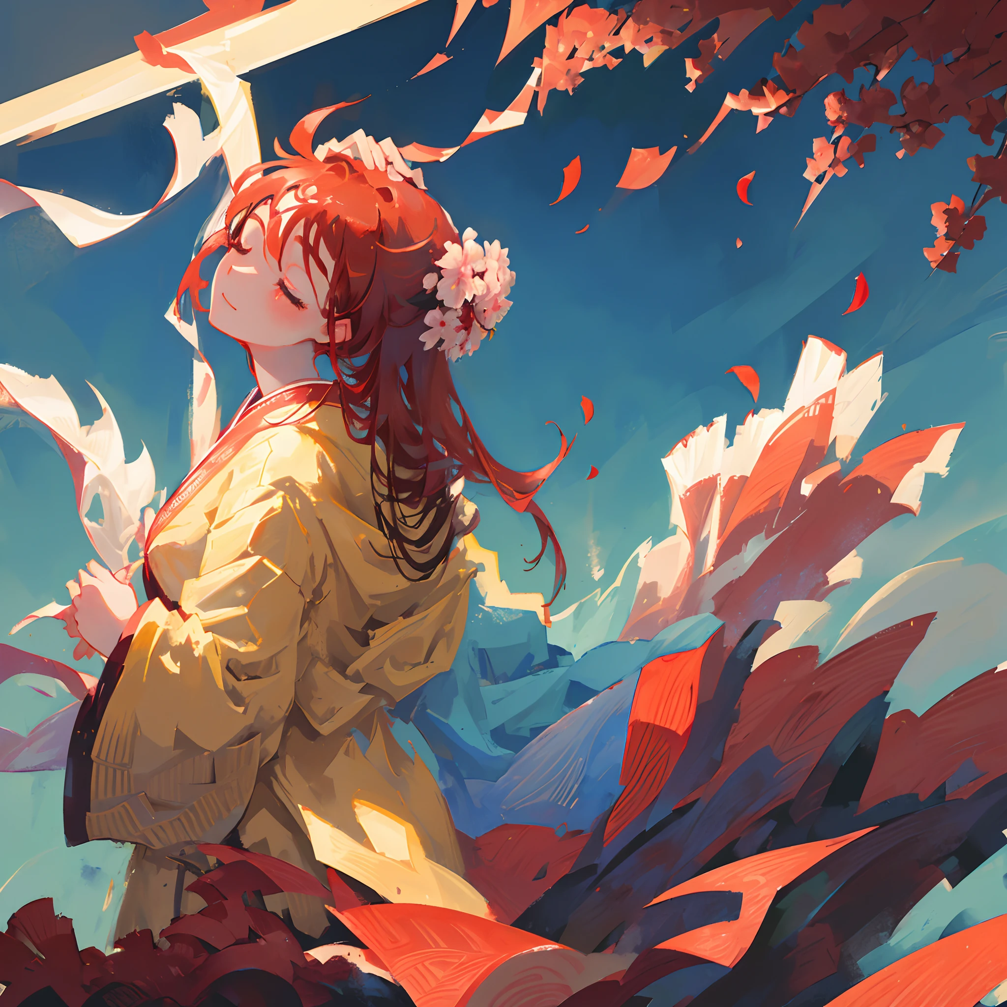 ((solo)), ((close-up side profile)) of a girl with eyes closed, ((head tilted up)), red hair that is tied up, (faint smile), flowing hair, burning flower on hair, falling petals, kimono, flowing cloth