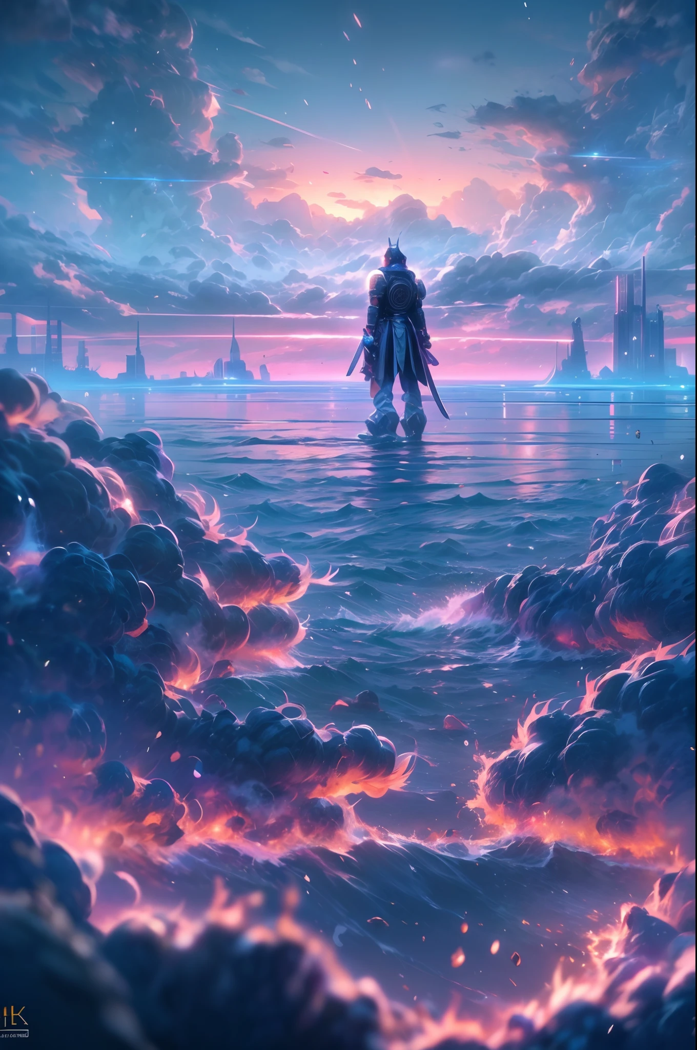 wide shot,background ocean of clouds,CyberRonin,(Cyber-Samurai:1.2),(best quality,4k,8k,highres,masterpiece:1.2),ultra-detailed,realistic:1.37,illustrated,sharp focus,professional,concept art,vivid colors,bokeh