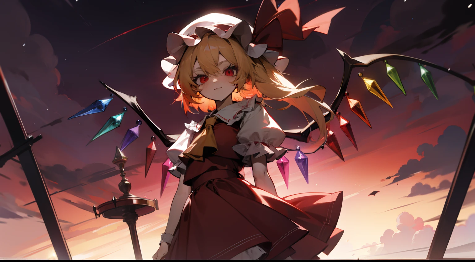 Flandre Scarlet Sky hat stands looking into the camera night