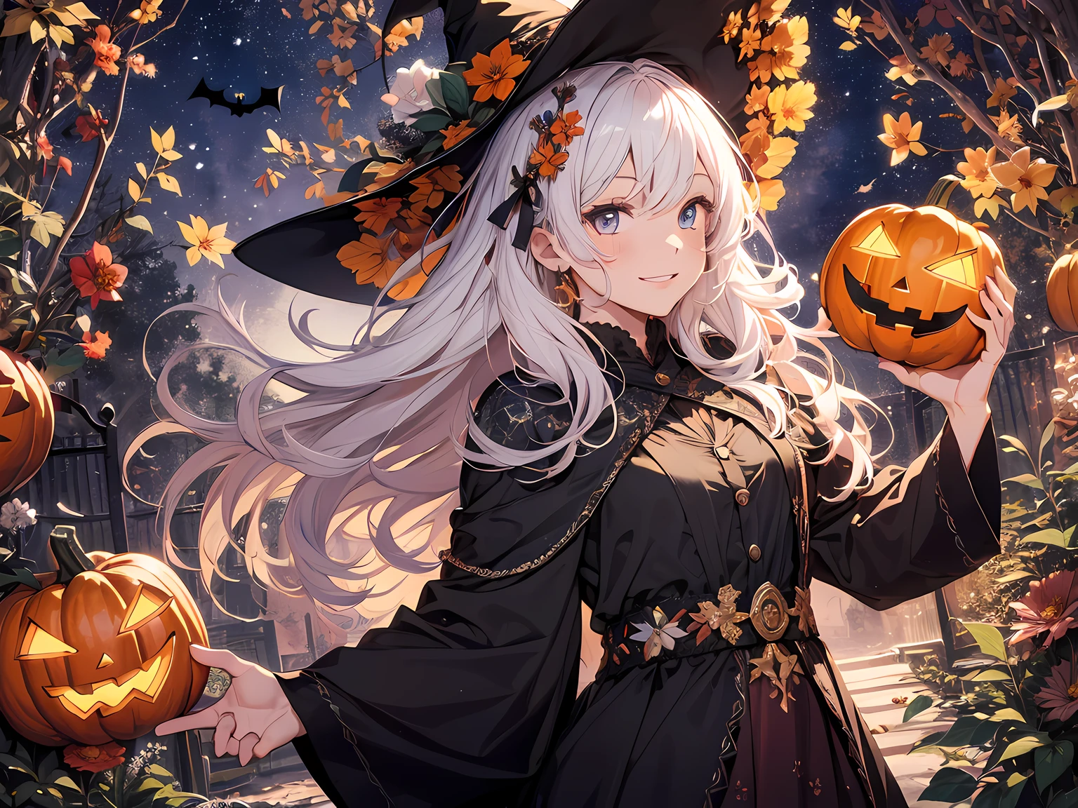 absurdres, highres, ultra detailed, (1girl:1.3) , Halloween witch, ((lovely smile)),wizard robes, wizard hat, Jack o'lantern, night, moon lighting,
BREAK, Halloween atmosphere,
, kaleidoscopic imagery, symmetrical patterns, vibrant colors, geometric shapes, mesmerizing designs, optical illusions, dynamic composition
BREAK
, pantomime art, expressive body language, silent storytelling, evocative gestures, visual narratives, theatrical performances
BREAK
, blooming pumpkins, colorful petals, fragrant scents, nature's bounty, vibrant gardens, peaceful scenery