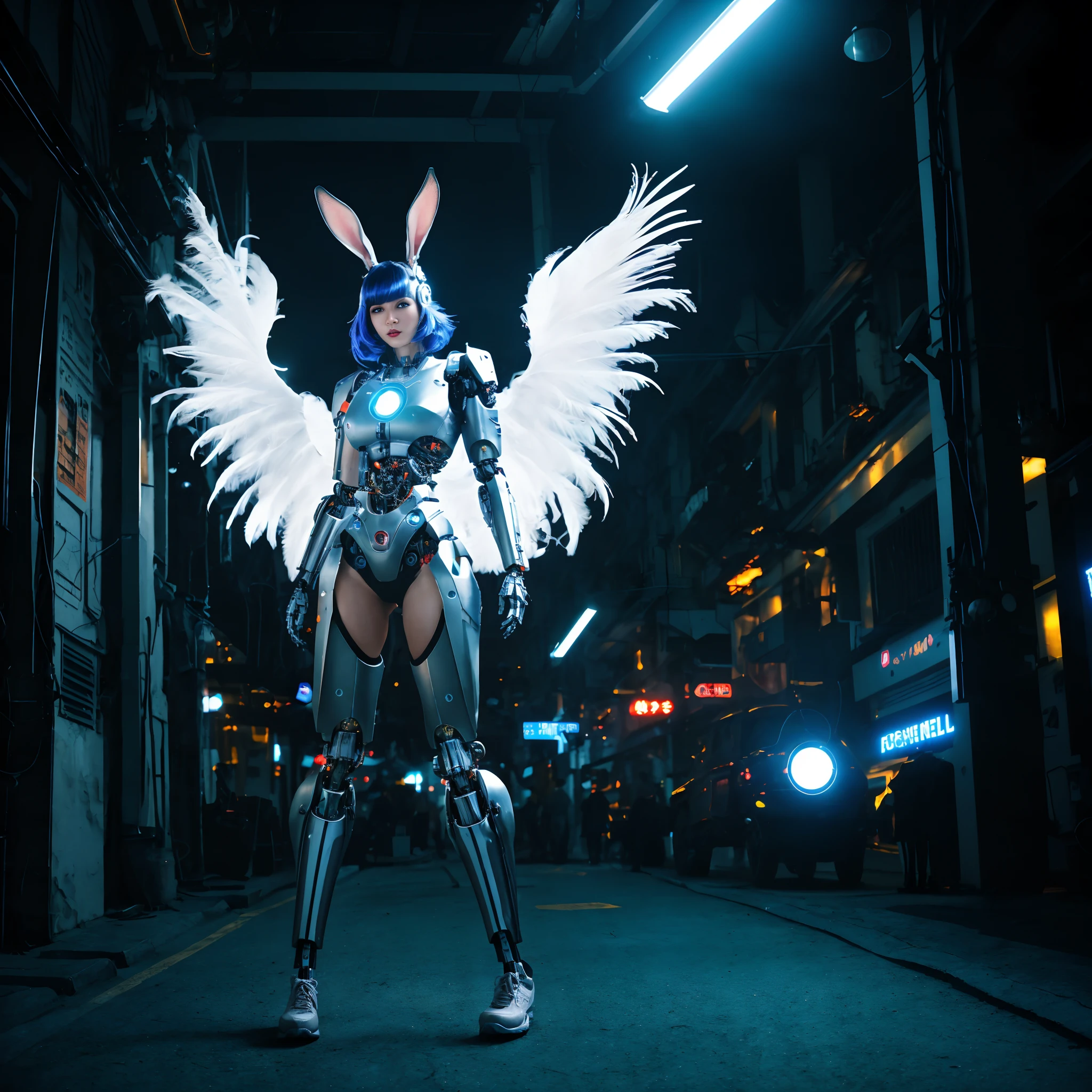 (wide wide shot),(Best quality,Masterpiece:1.2),(Futuristic cyborg woman), (Rabbit ears),bright colored hair,((A pair of huge feathered wings)),Her wings are a marvel of technology, A combination of a sturdy metal frame and a delicate translucent film,((Inside the mechanical body)),(Footwear),Metallic。nigth,(Facing the lens,Central symmetry),standing on your feet,(No man's street),Vibrant colors,Light trails and neon lights in the background,Science fiction art style.The lighting is dramatic, Bright areas contrast strongly with deep shadows, creating a sense of depth and dimension. The overall composition is vibrant and captivating, Centered on cyborg girls, Exude power, Grace, There is also a touch of mystery.